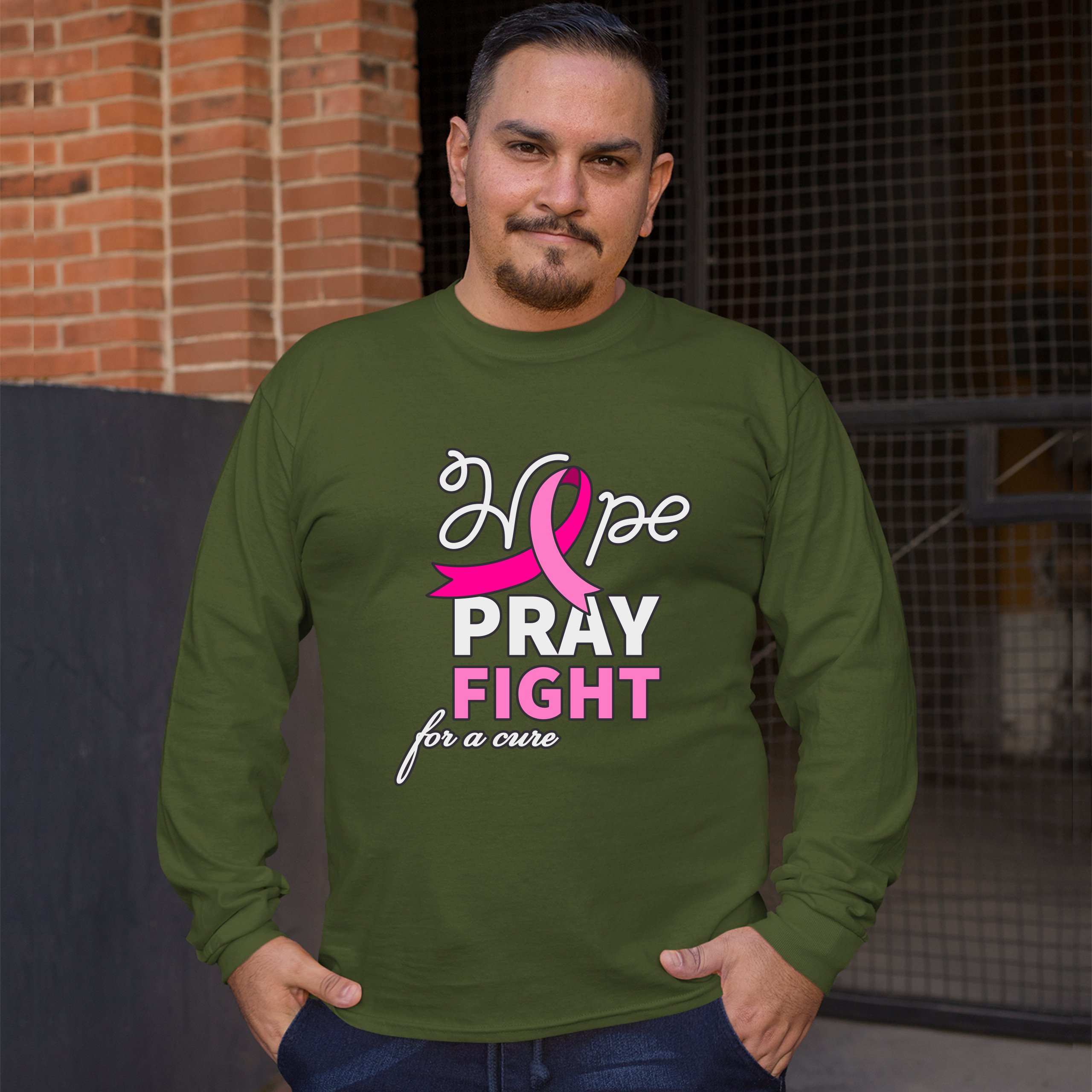 Hope Pray Fight for a Cure Long Sleeve T-shirt Cancer Awareness Pink Ribbon - Picture 33 of 45