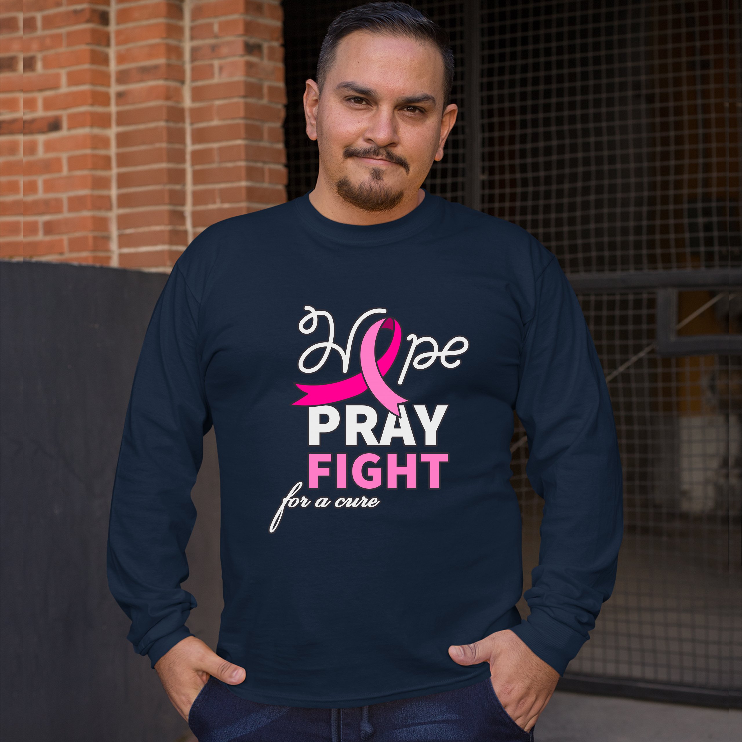Hope Pray Fight for a Cure Long Sleeve T-shirt Cancer Awareness Pink Ribbon - Picture 25 of 45