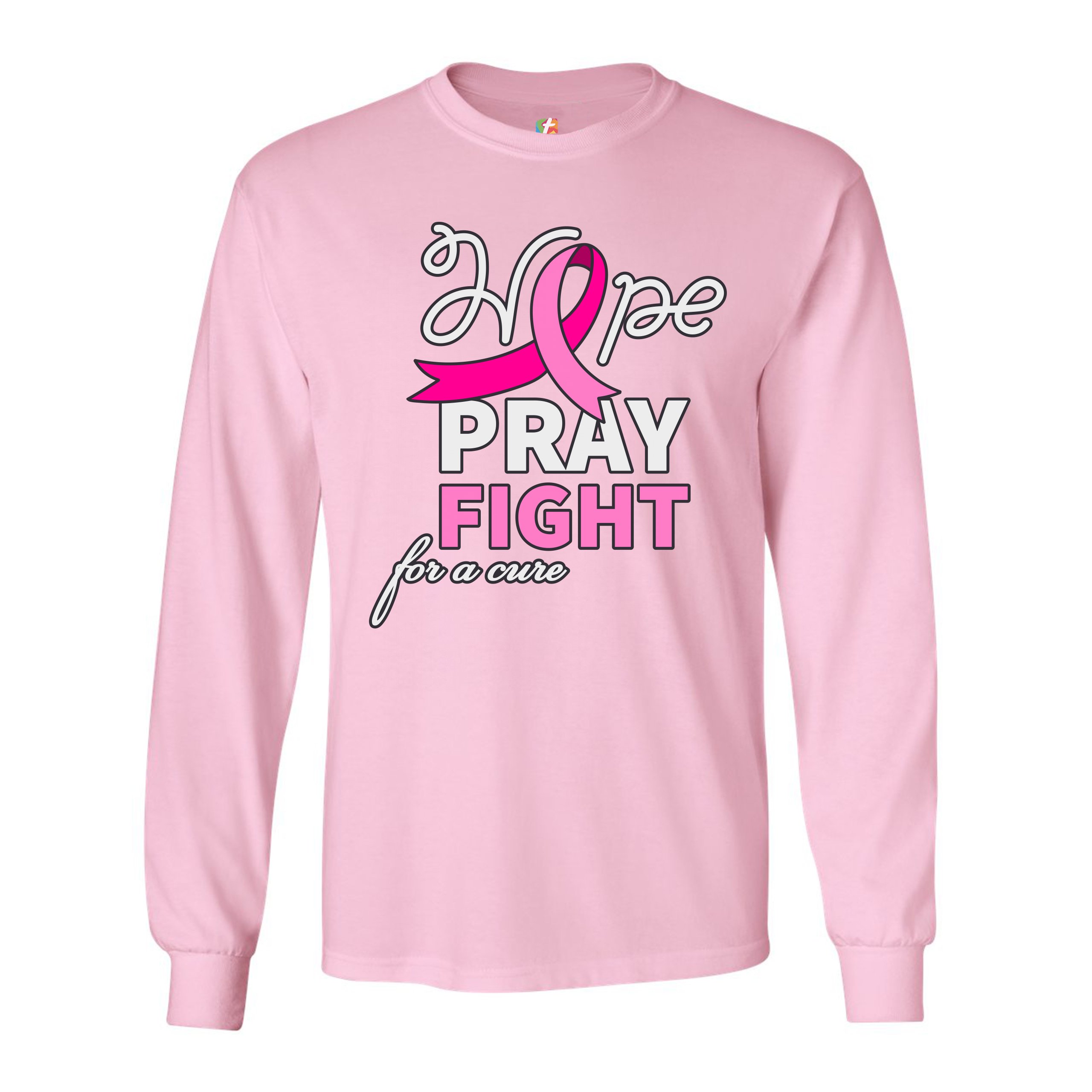 Hope Pray Fight for a Cure Long Sleeve T-shirt Cancer Awareness Pink Ribbon - Picture 43 of 45