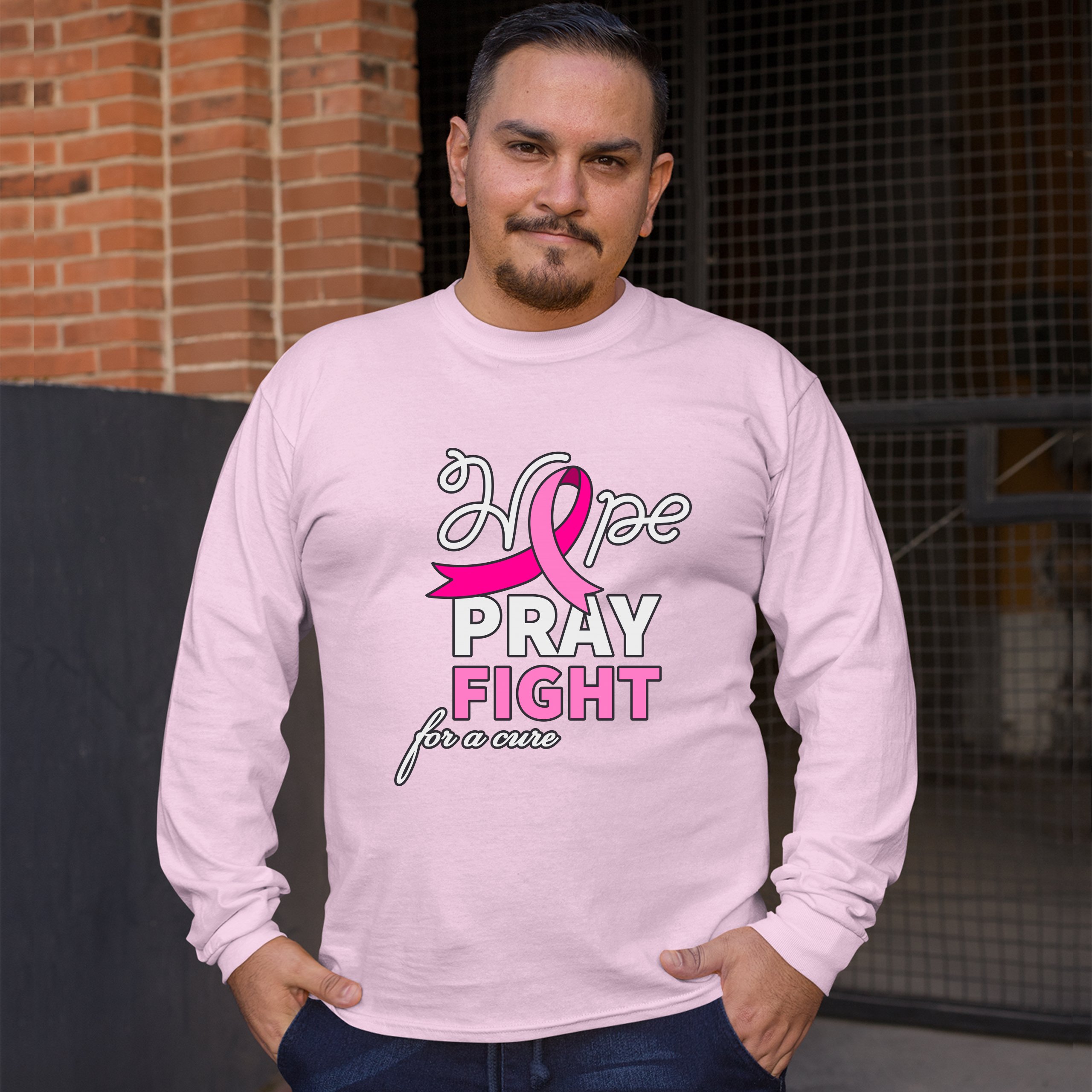Hope Pray Fight for a Cure Long Sleeve T-shirt Cancer Awareness Pink Ribbon - Picture 45 of 45