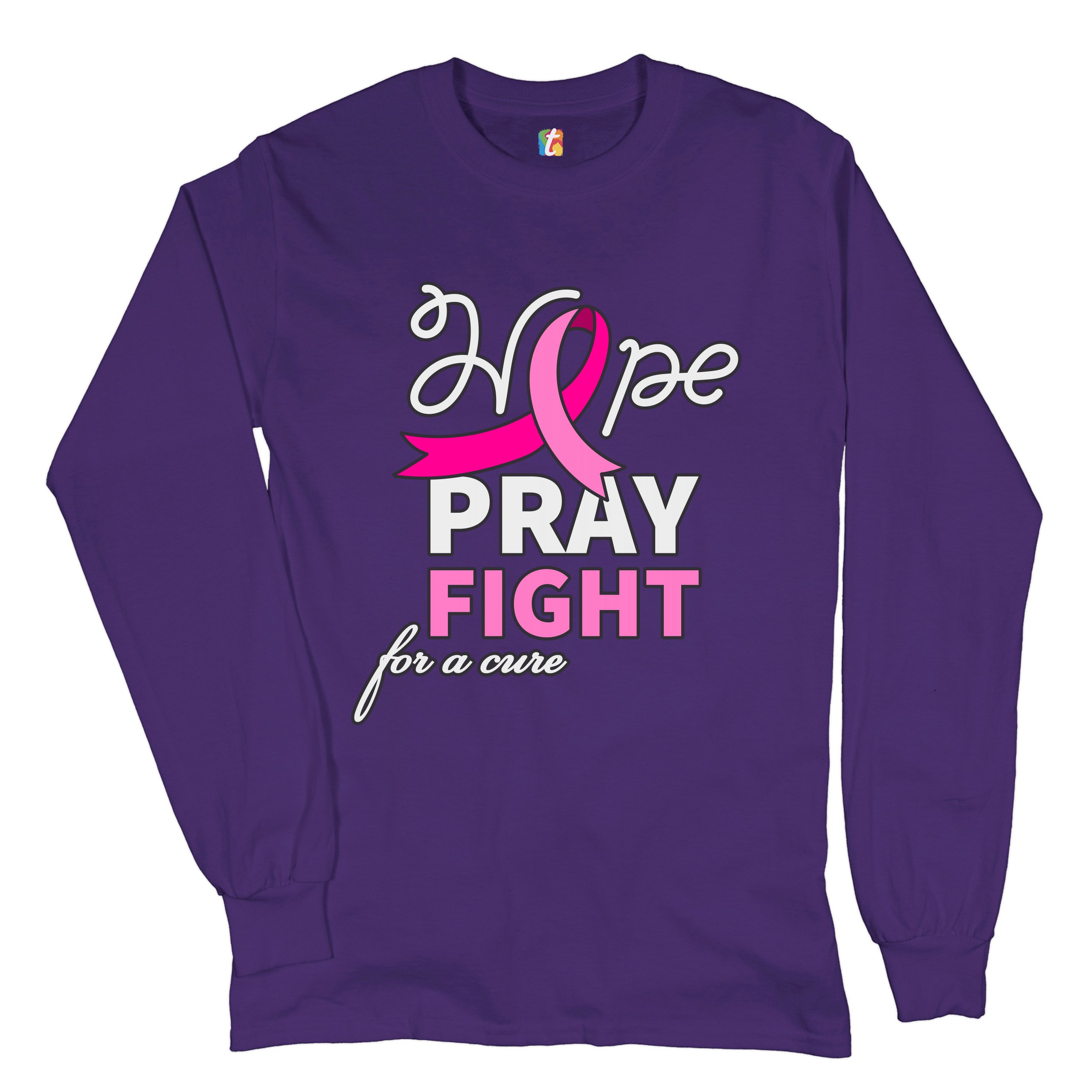 Hope Pray Fight for a Cure Long Sleeve T-shirt Cancer Awareness Pink Ribbon - Picture 10 of 45