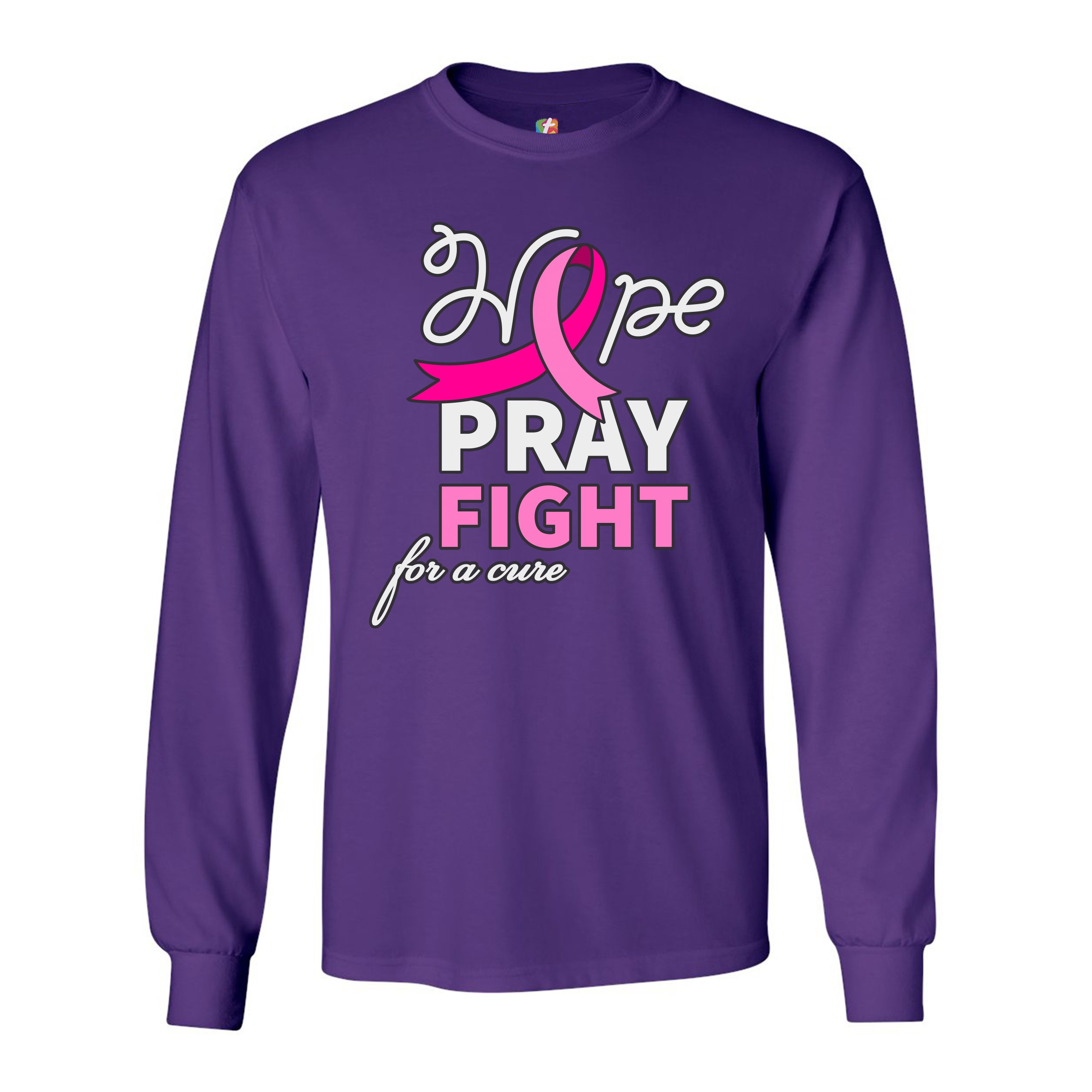 Hope Pray Fight for a Cure Long Sleeve T-shirt Cancer Awareness Pink Ribbon - Picture 11 of 45