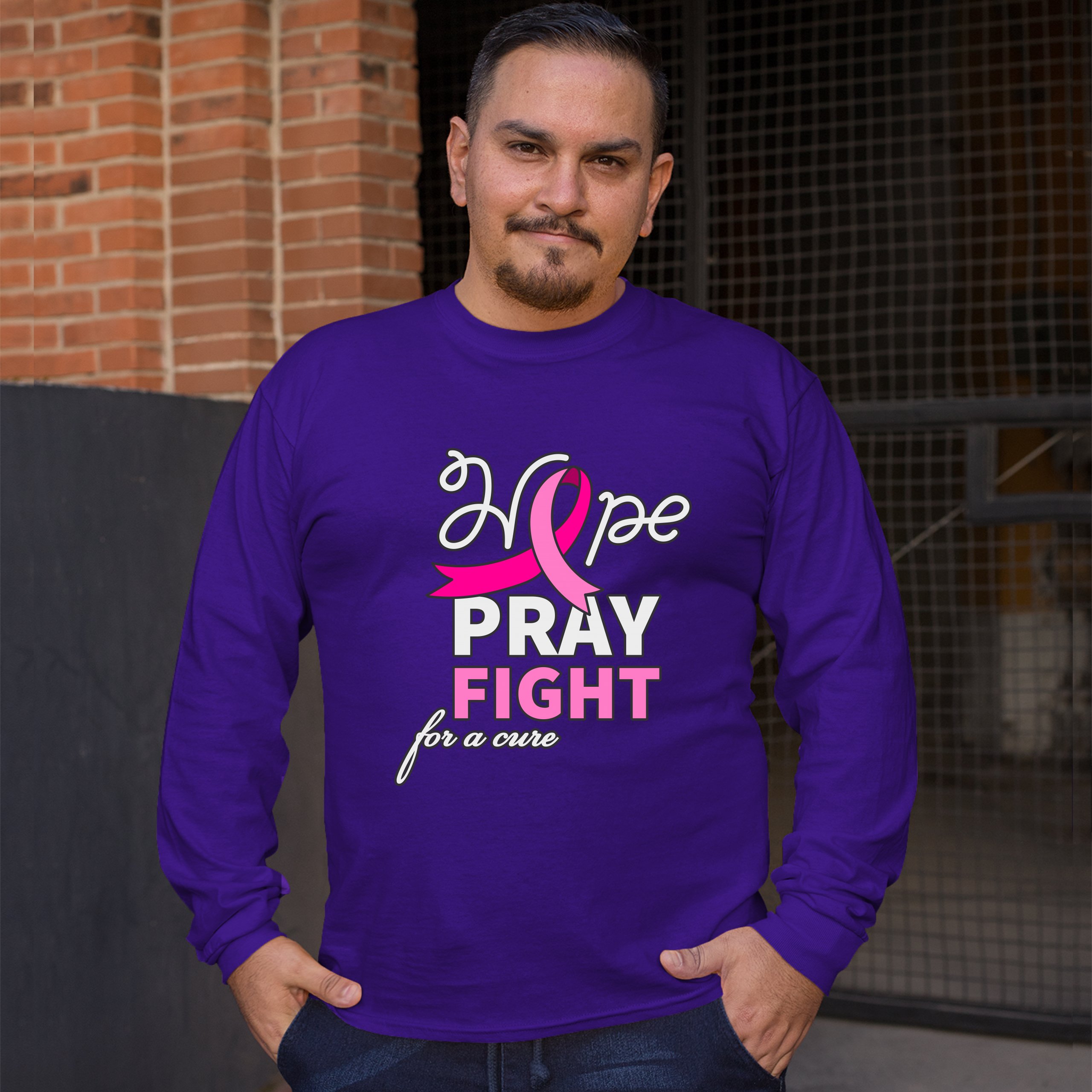 Hope Pray Fight for a Cure Long Sleeve T-shirt Cancer Awareness Pink Ribbon - Picture 13 of 45