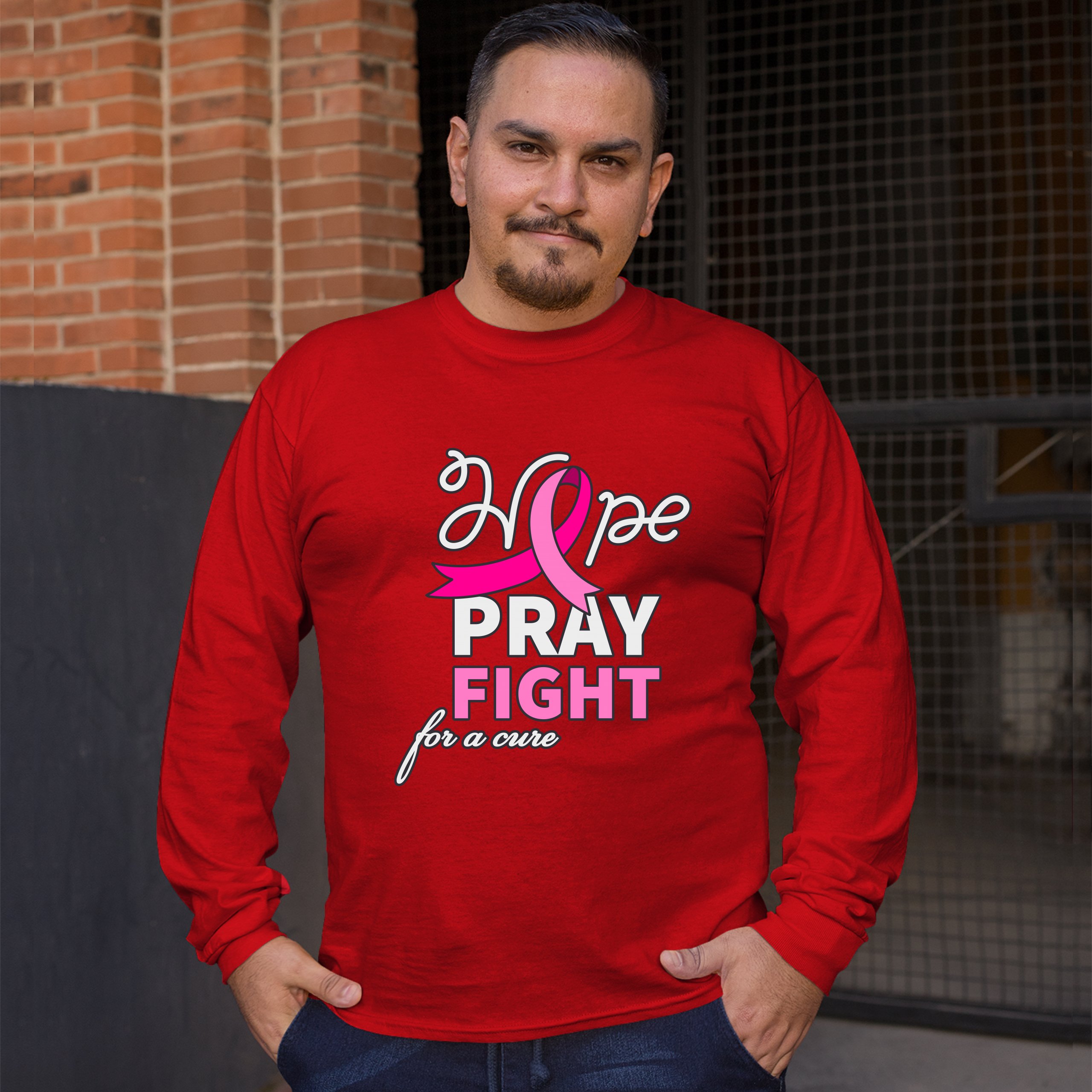 Hope Pray Fight for a Cure Long Sleeve T-shirt Cancer Awareness Pink Ribbon - Picture 17 of 45