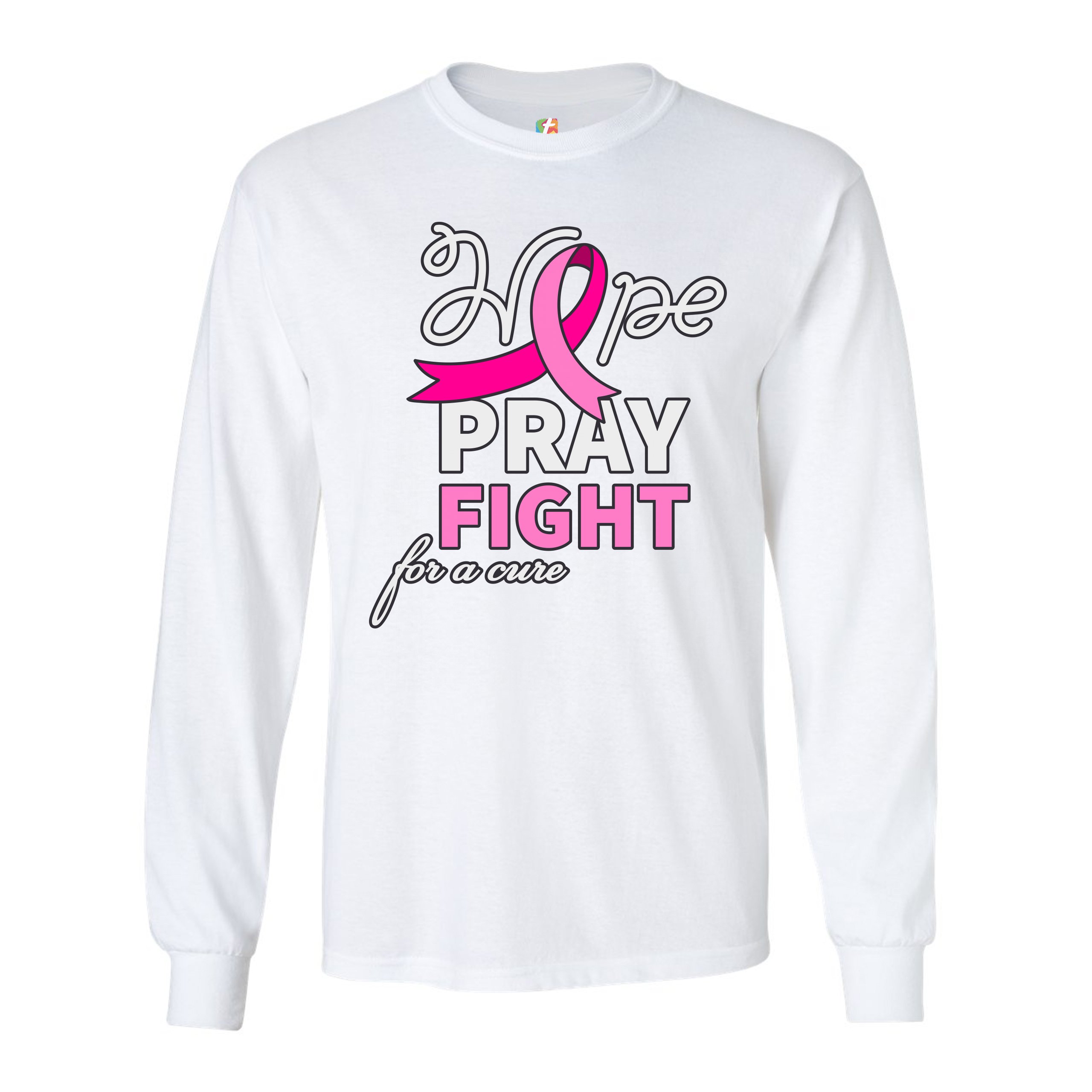 Hope Pray Fight for a Cure Long Sleeve T-shirt Cancer Awareness Pink Ribbon - Picture 19 of 45