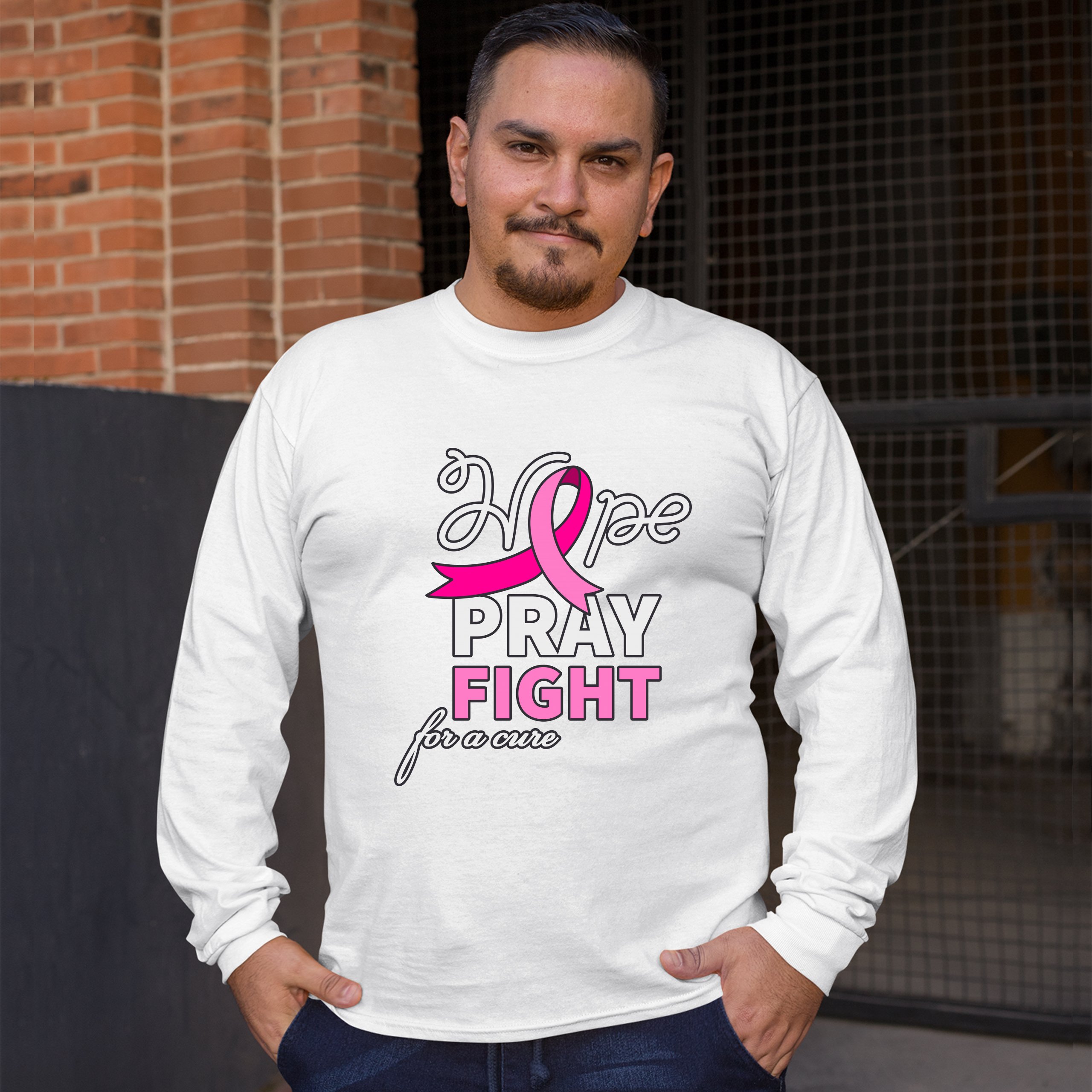 Hope Pray Fight for a Cure Long Sleeve T-shirt Cancer Awareness Pink Ribbon - Picture 21 of 45