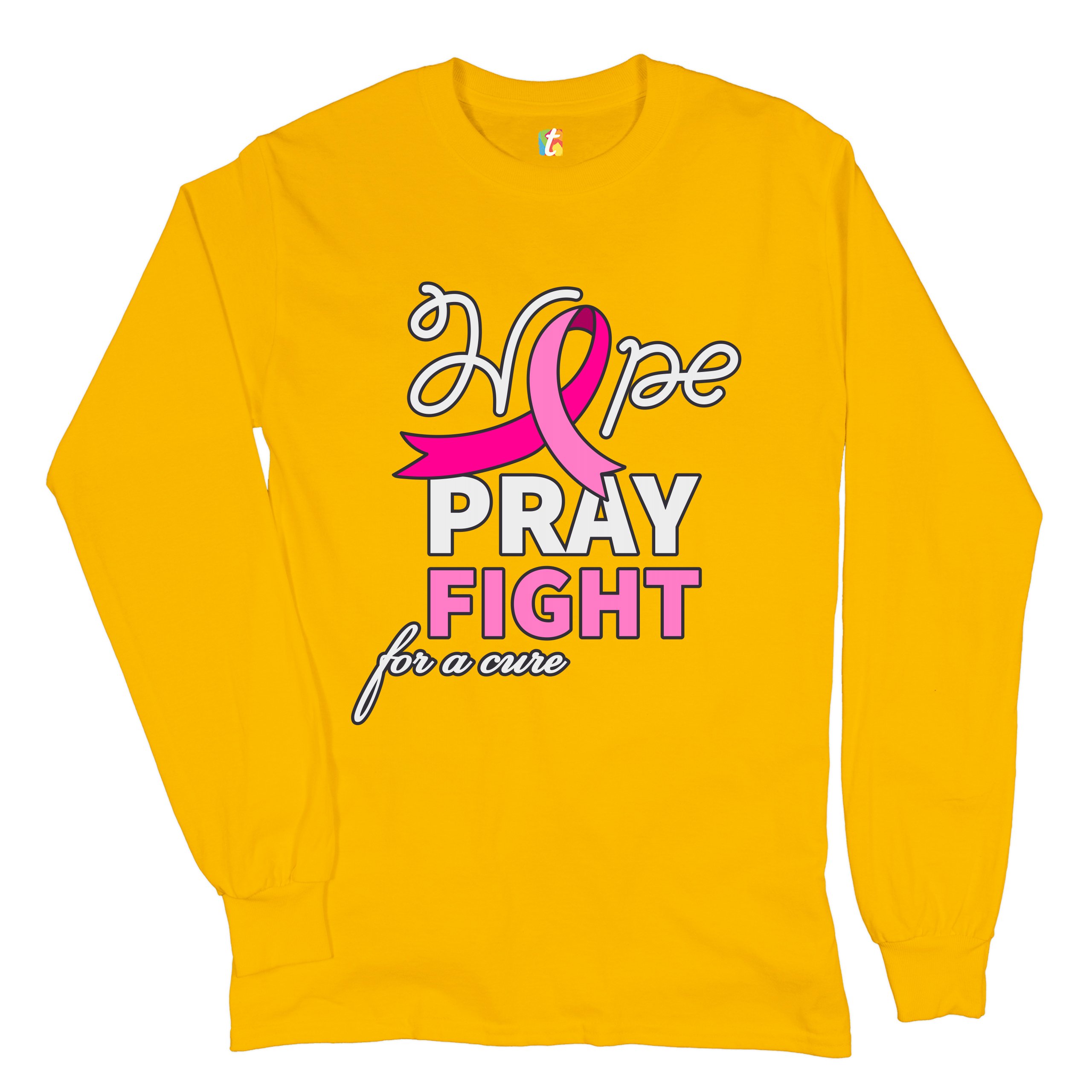 Hope Pray Fight for a Cure Long Sleeve T-shirt Cancer Awareness Pink Ribbon - Picture 38 of 45