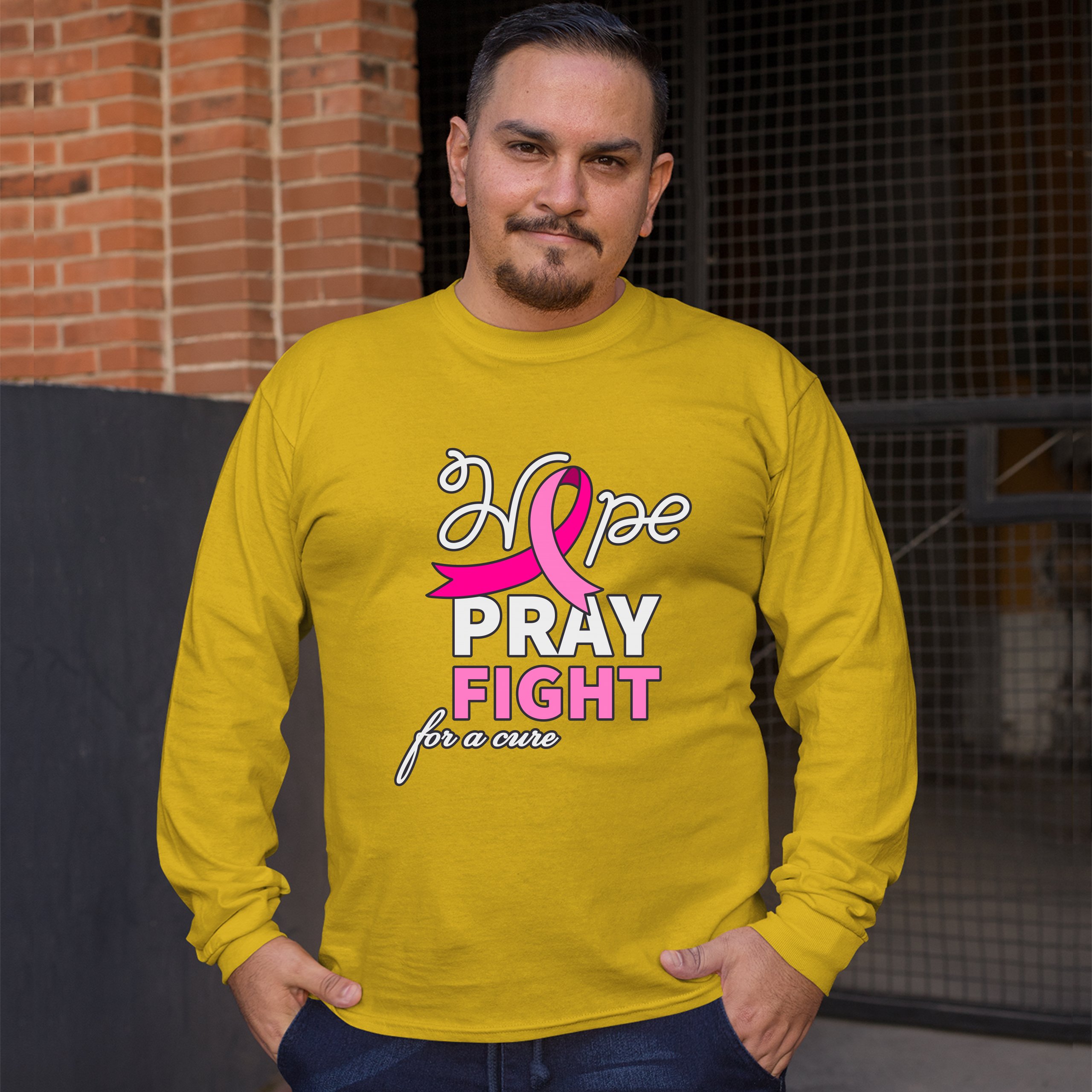 Hope Pray Fight for a Cure Long Sleeve T-shirt Cancer Awareness Pink Ribbon - Picture 41 of 45