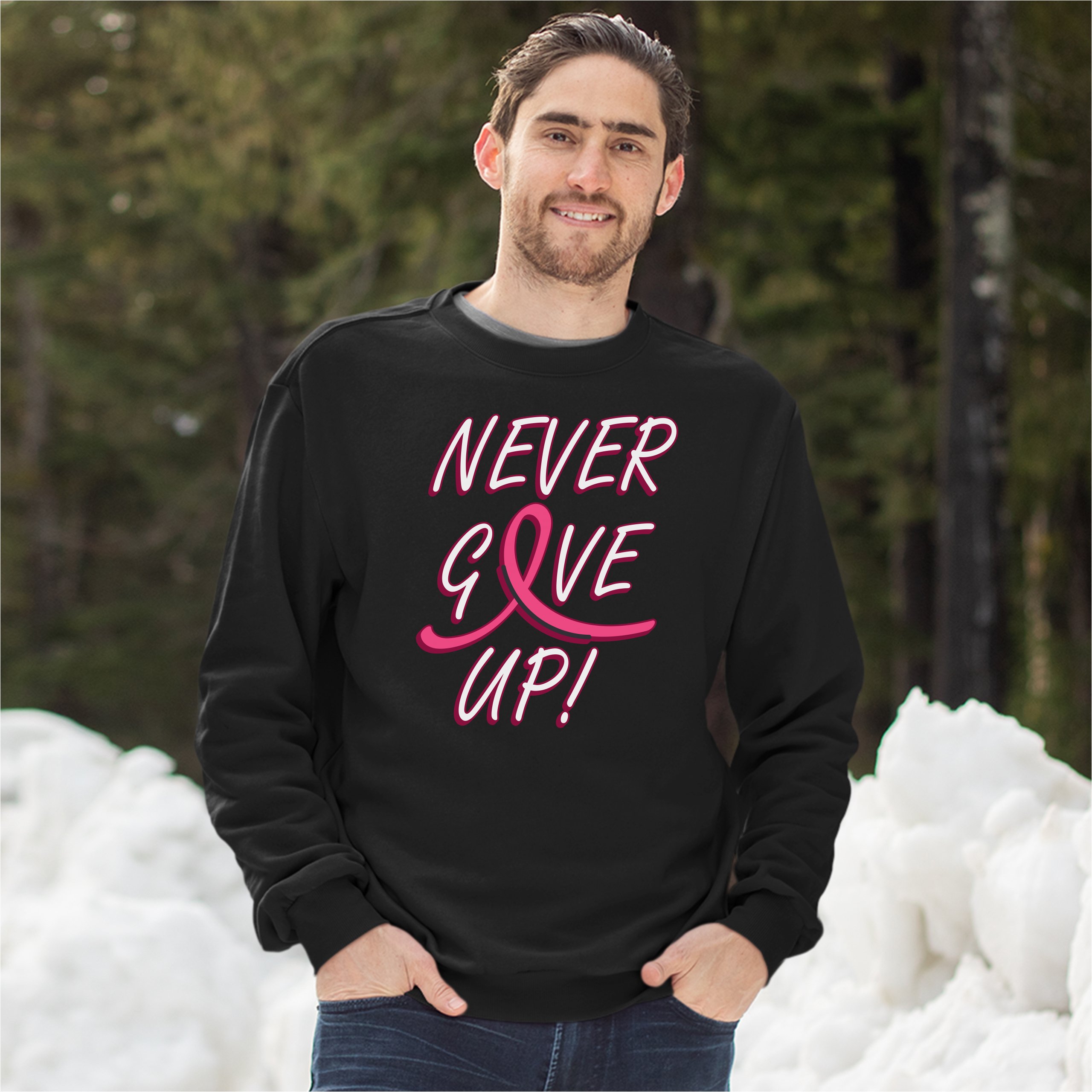 Breast Cancer Awareness Never Give Up Sweatshirt Pink Ribbon Crewneck - Picture 5 of 36