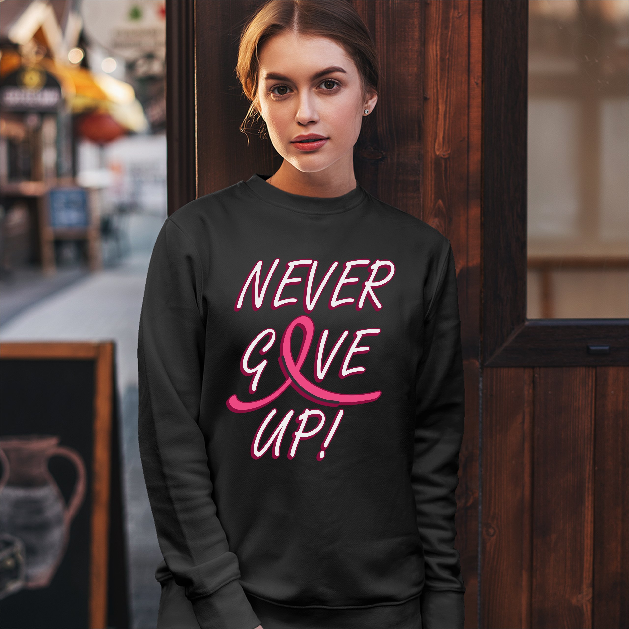 Breast Cancer Awareness Never Give Up Sweatshirt Pink Ribbon Crewneck - Picture 6 of 36