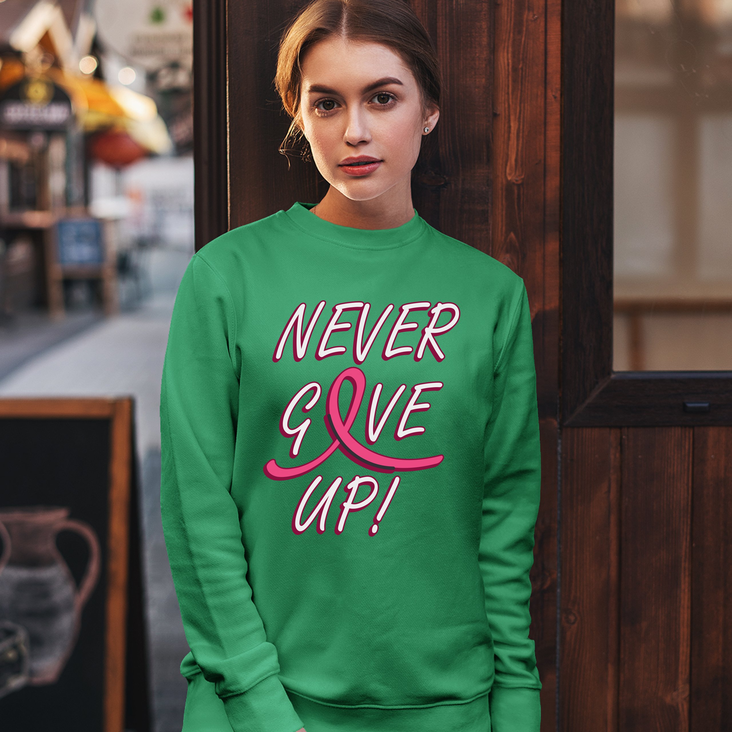 Breast Cancer Awareness Never Give Up Sweatshirt Pink Ribbon Crewneck - Picture 31 of 36