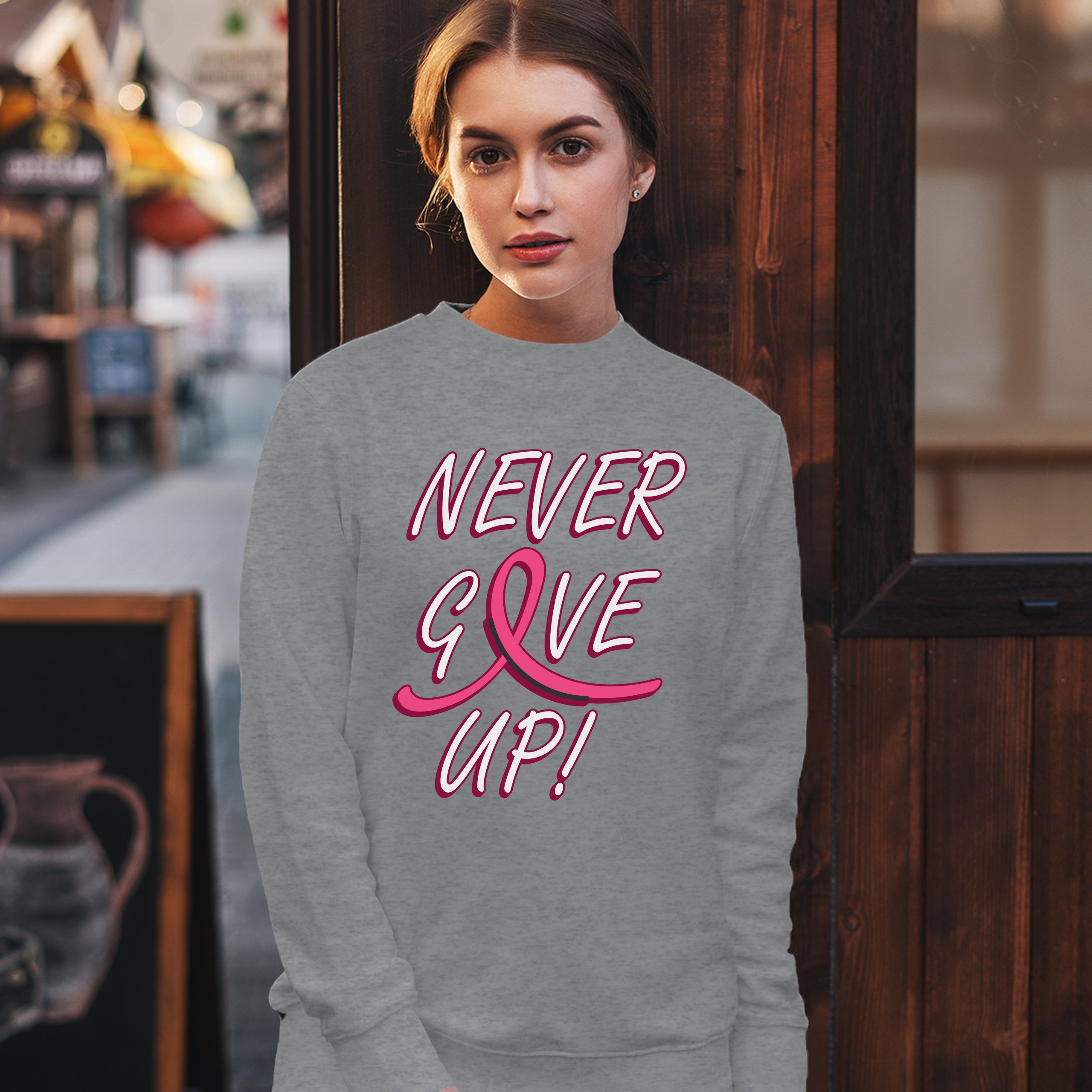 Breast Cancer Awareness Never Give Up Sweatshirt Pink Ribbon Crewneck - Picture 11 of 36