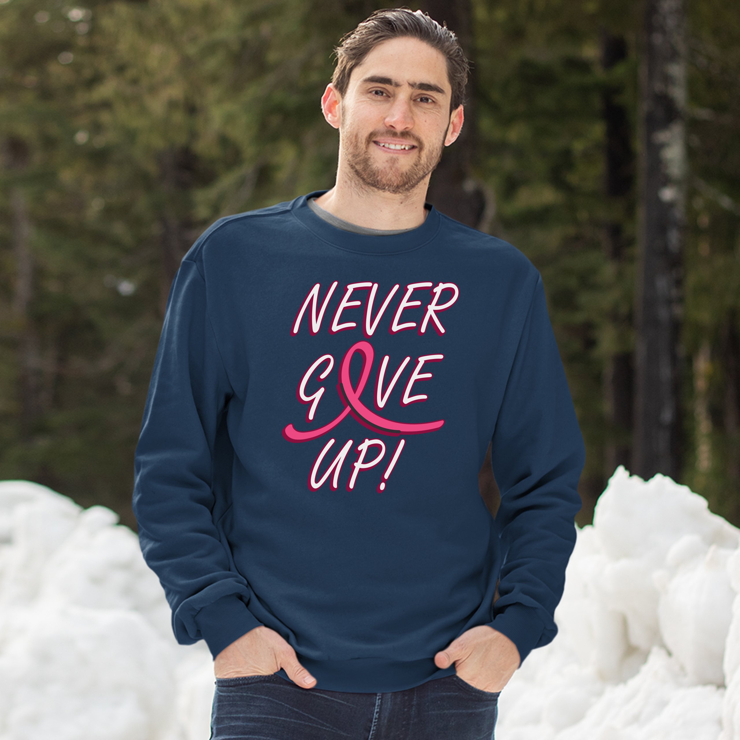Breast Cancer Awareness Never Give Up Sweatshirt Pink Ribbon Crewneck - Picture 25 of 36