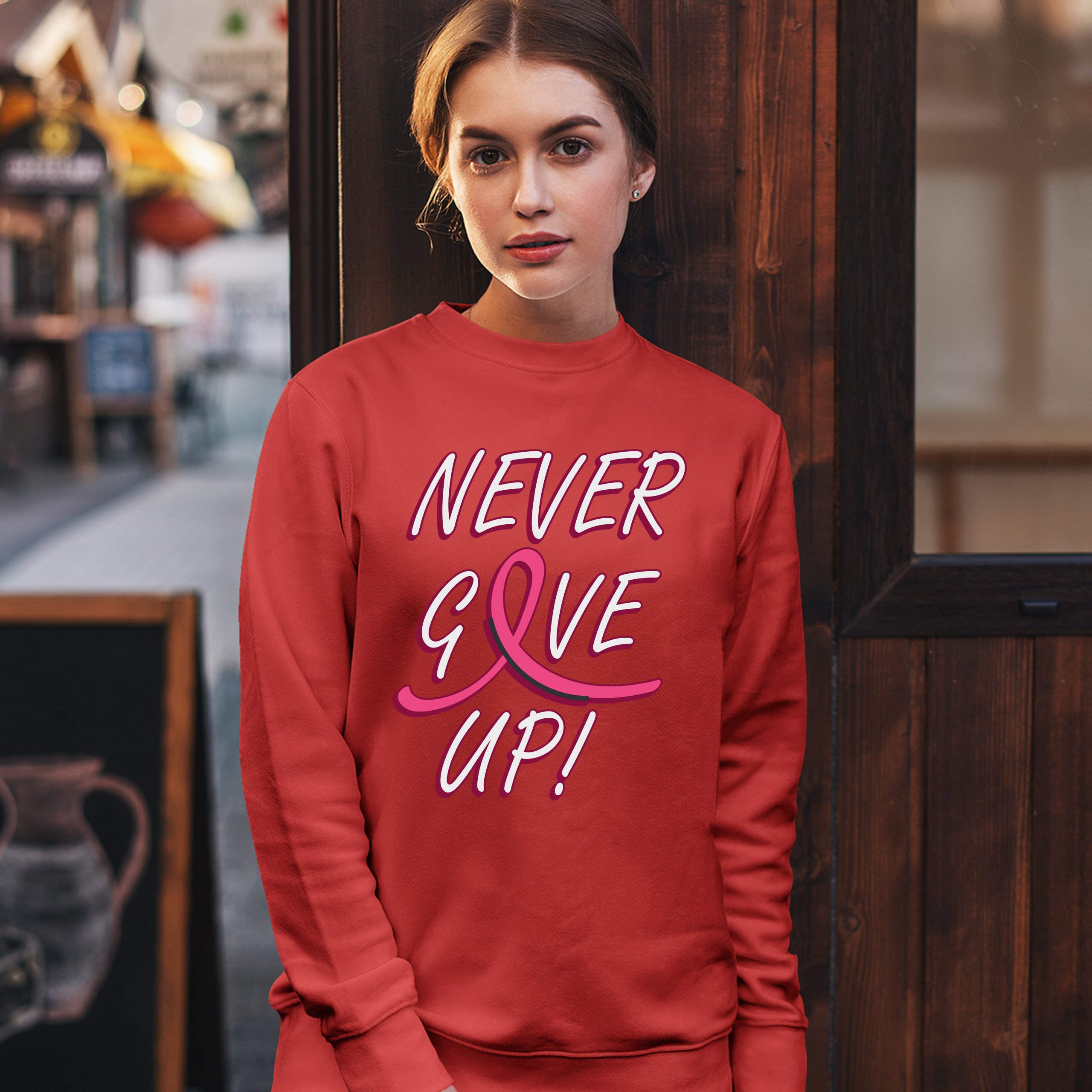 Breast Cancer Awareness Never Give Up Sweatshirt Pink Ribbon Crewneck - Picture 16 of 36