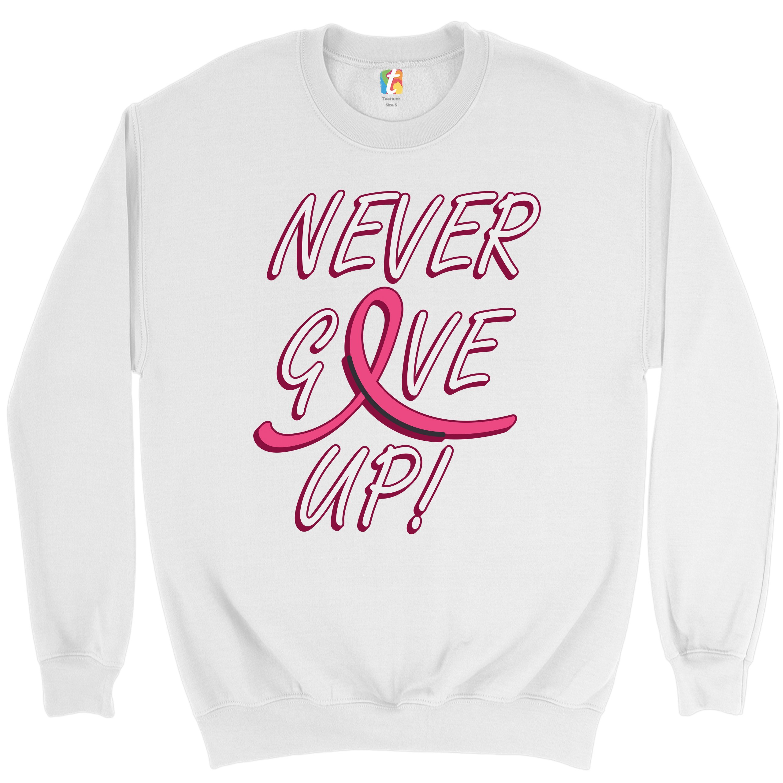 Breast Cancer Awareness Never Give Up Sweatshirt Pink Ribbon Crewneck - Picture 17 of 36
