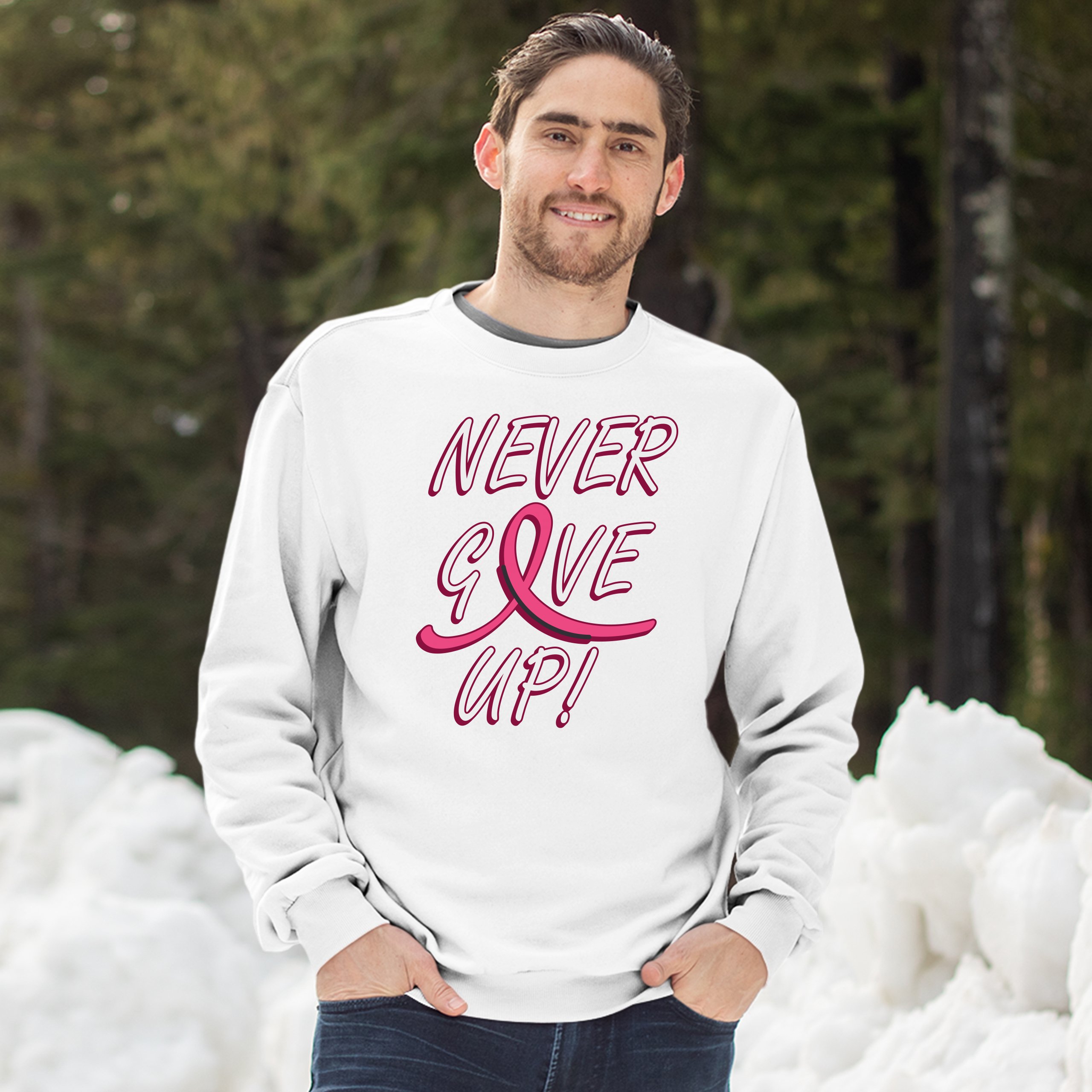 Breast Cancer Awareness Never Give Up Sweatshirt Pink Ribbon Crewneck - Picture 20 of 36