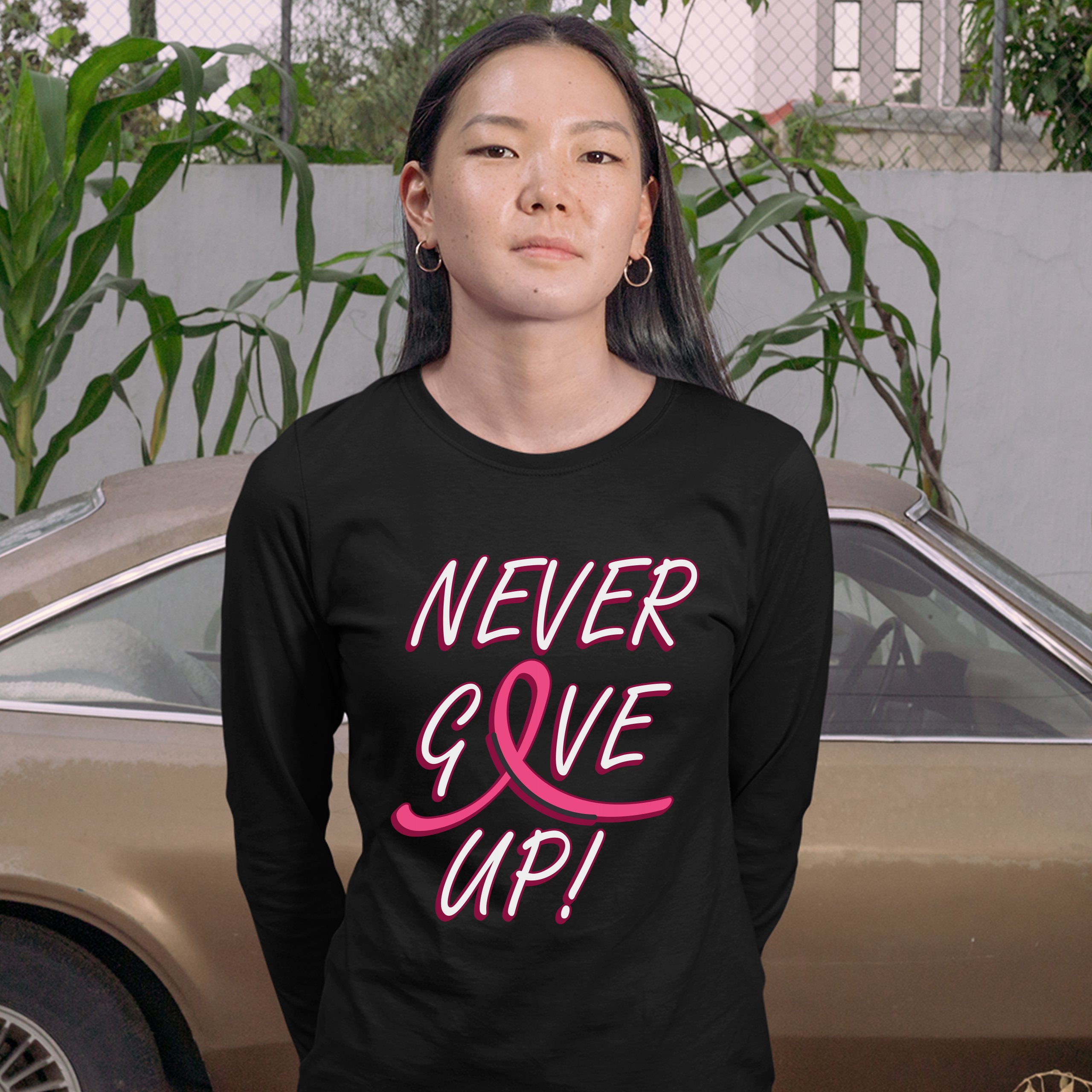 Breast Cancer Awareness Never Give Up Women's Long Sleeve T-shirt Pink Ribbon - Picture 5 of 29