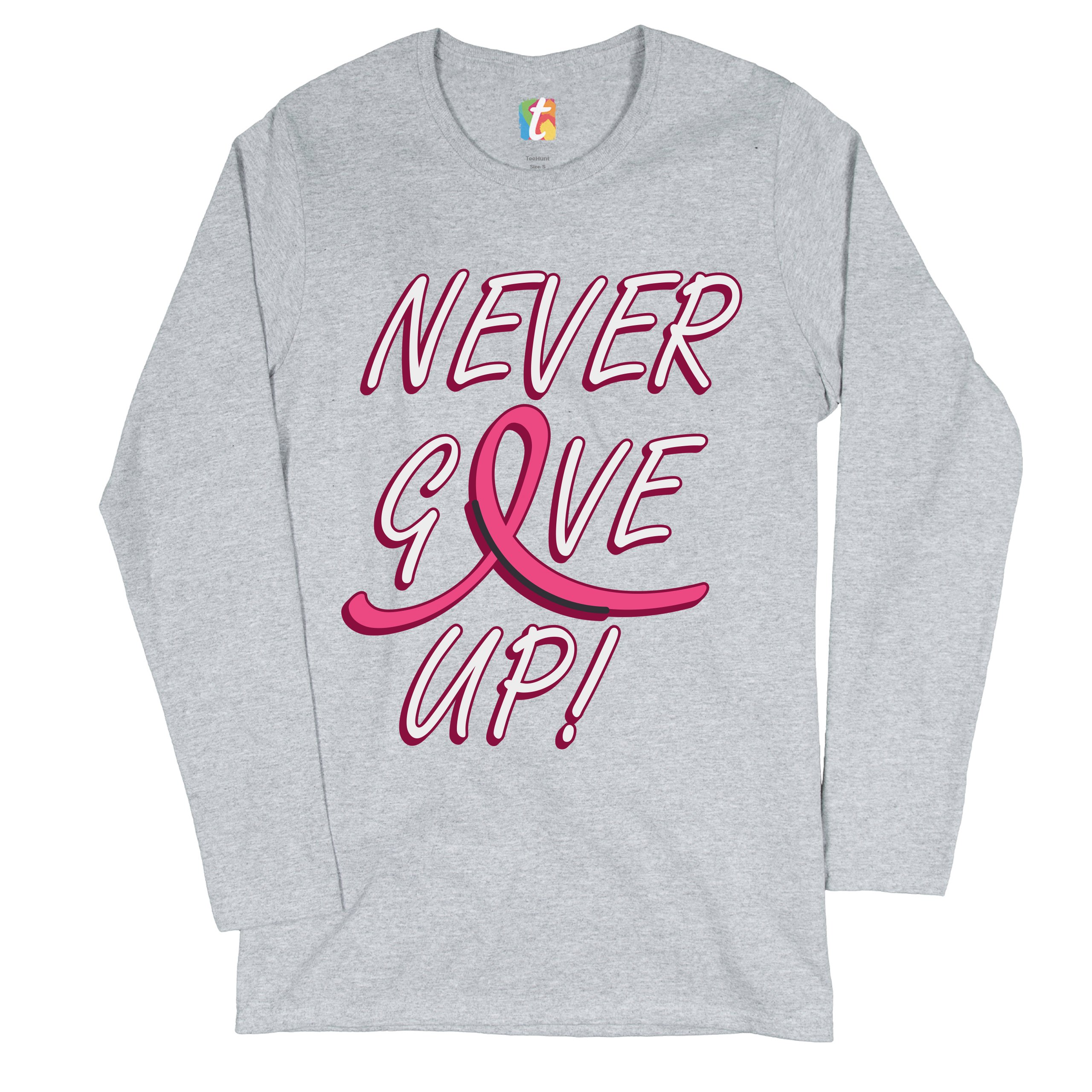 Breast Cancer Awareness Never Give Up Women's Long Sleeve T-shirt Pink Ribbon - Picture 6 of 29