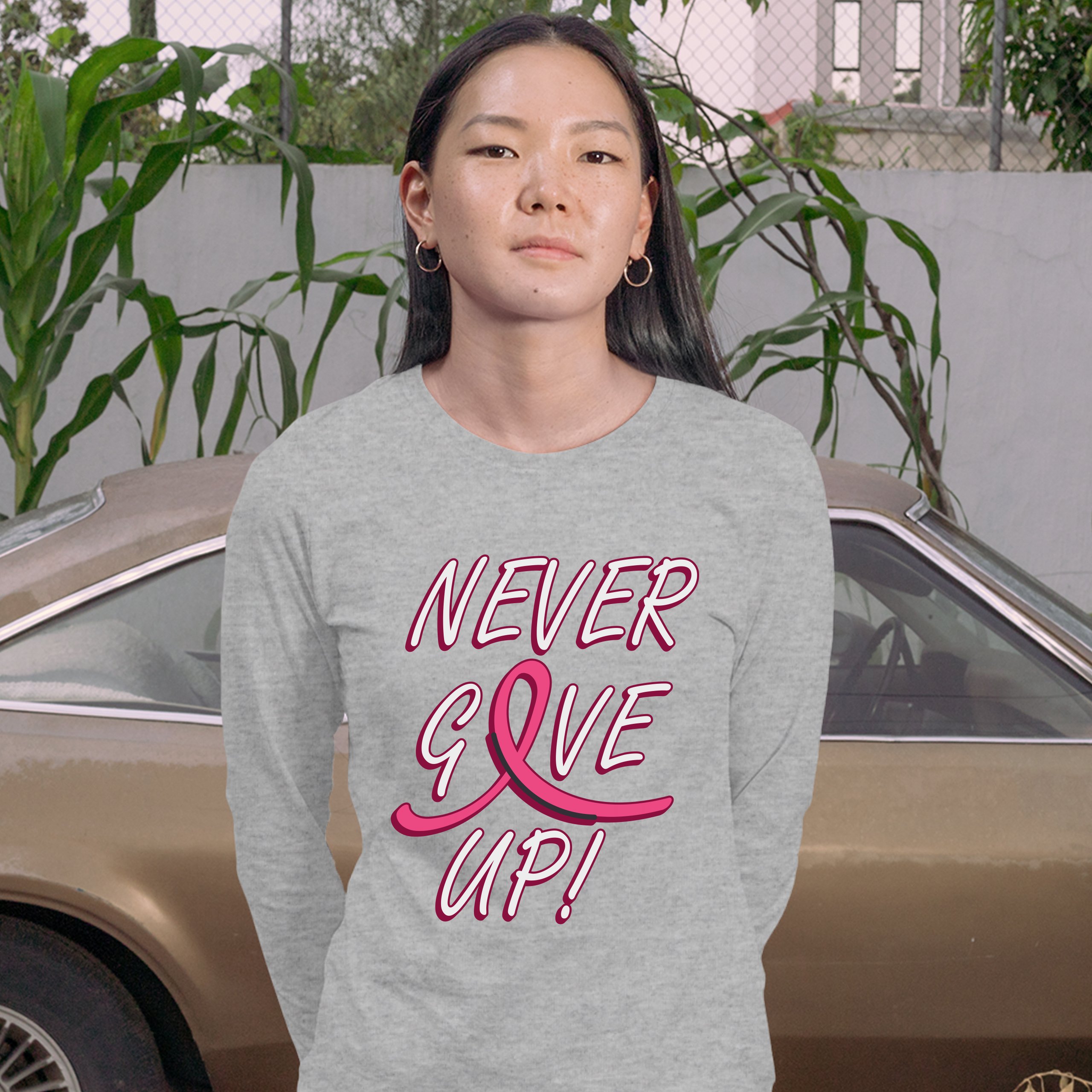 Breast Cancer Awareness Never Give Up Women's Long Sleeve T-shirt Pink Ribbon - Picture 9 of 29