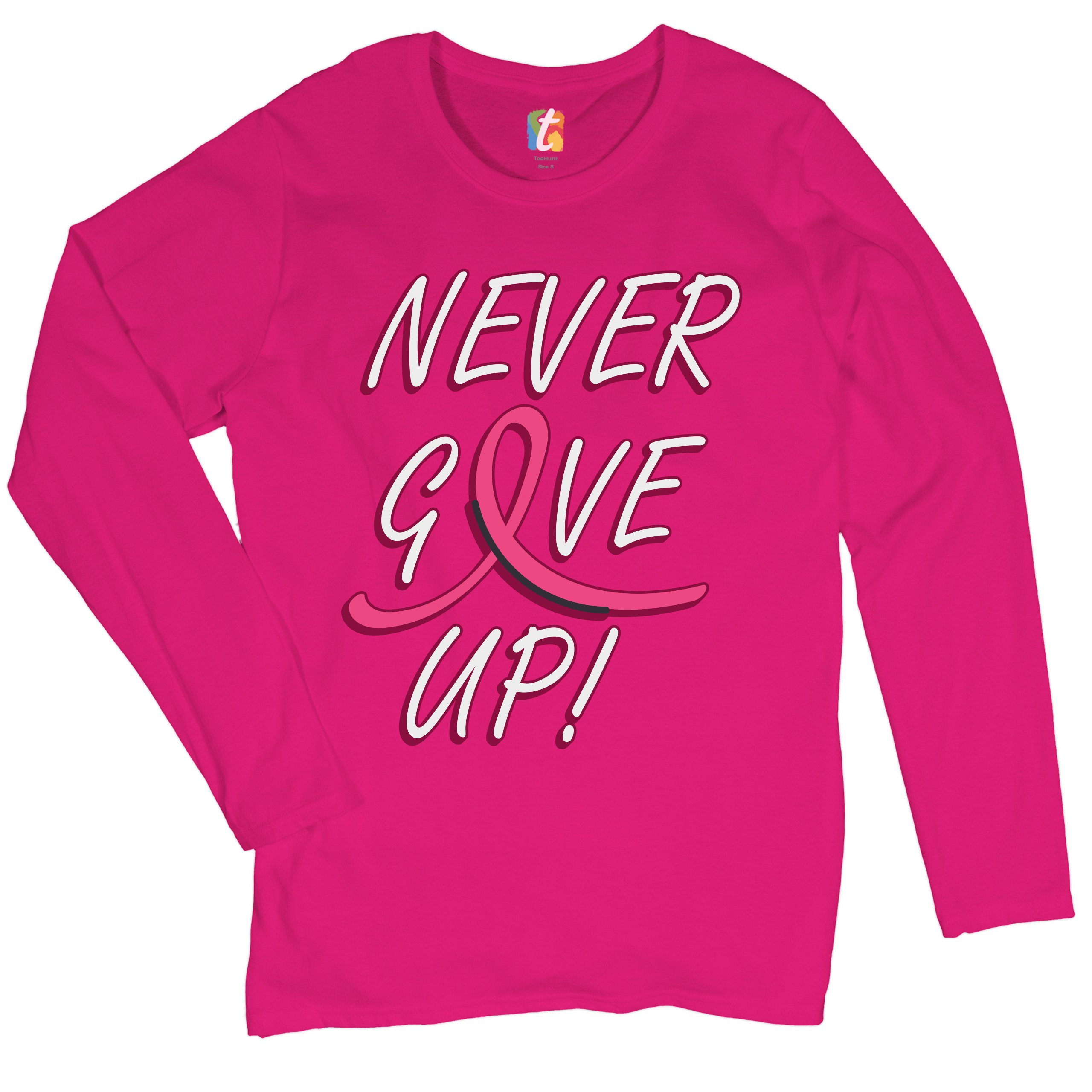 Breast Cancer Awareness Never Give Up Women's Long Sleeve T-shirt Pink Ribbon - Picture 26 of 29