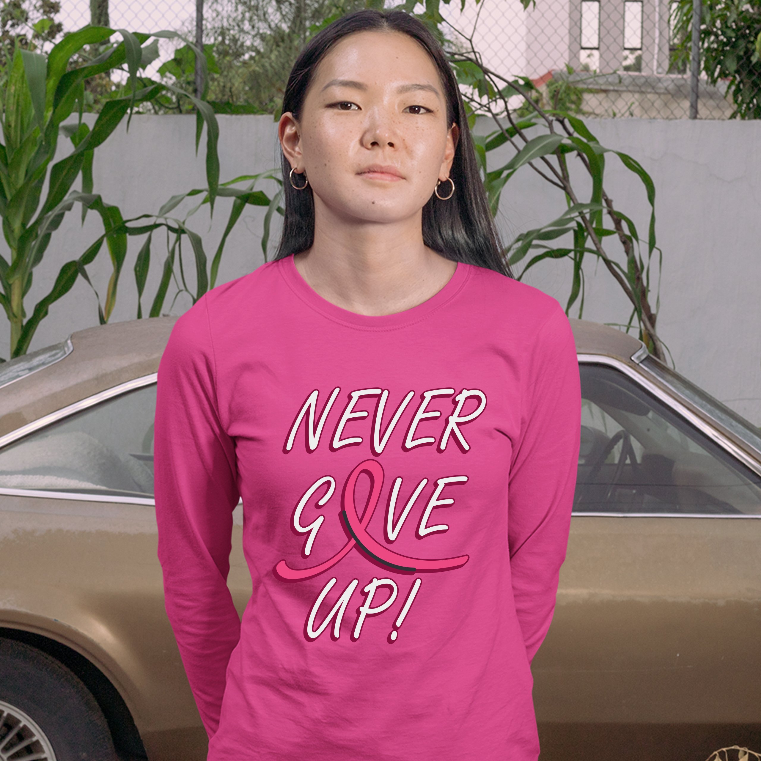 Breast Cancer Awareness Never Give Up Women's Long Sleeve T-shirt Pink Ribbon - Picture 29 of 29