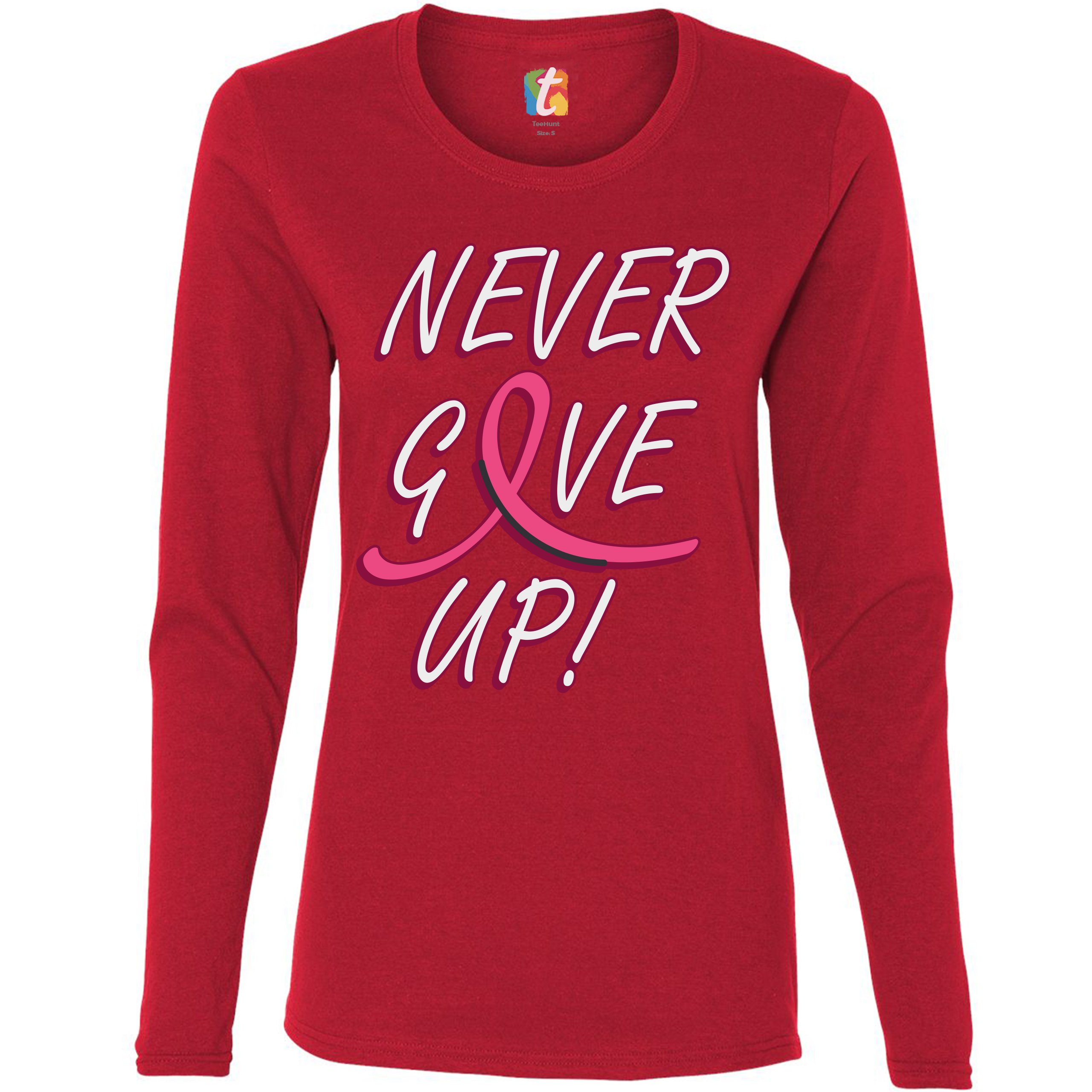 Breast Cancer Awareness Never Give Up Women's Long Sleeve T-shirt Pink Ribbon - Picture 11 of 29