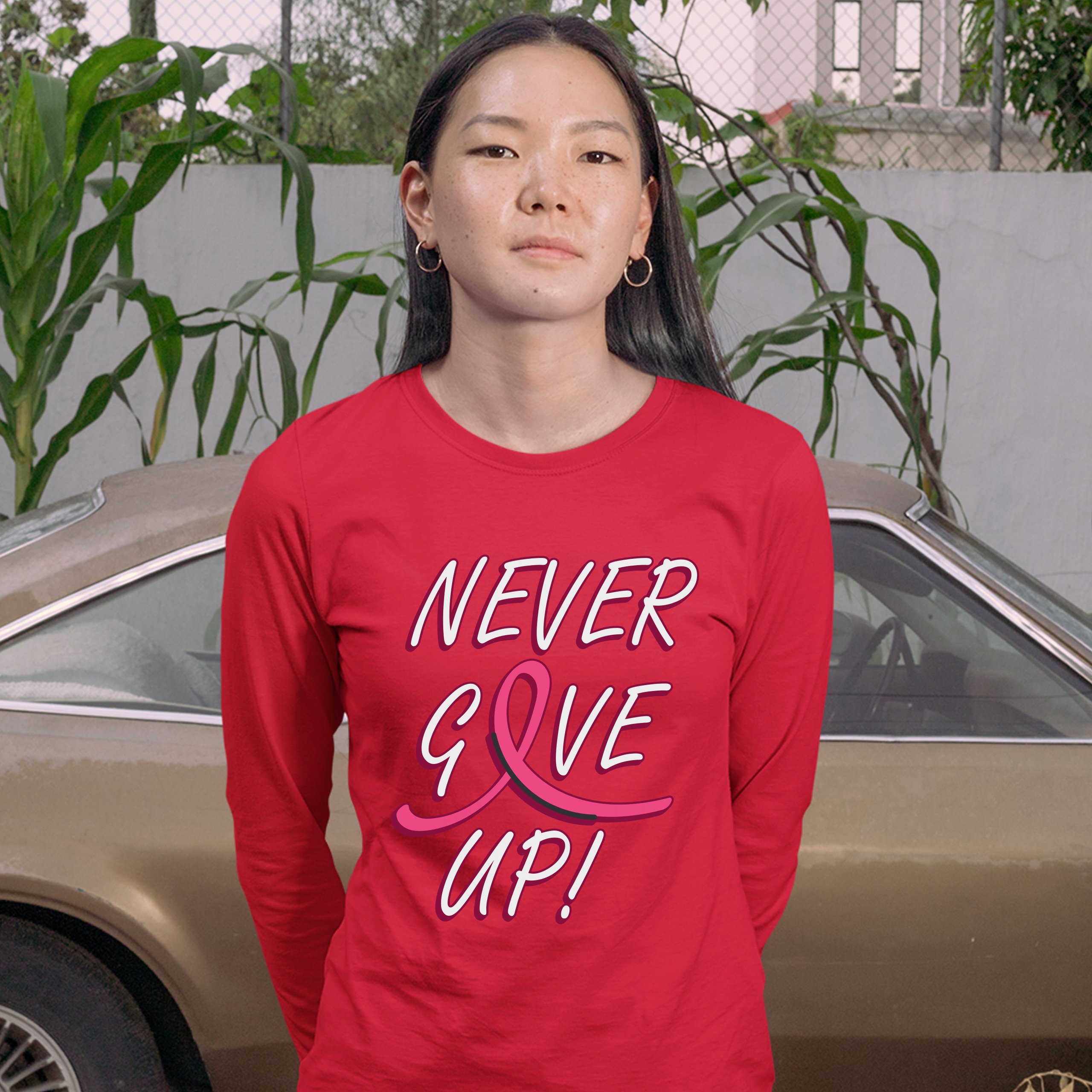 Breast Cancer Awareness Never Give Up Women's Long Sleeve T-shirt Pink Ribbon - Picture 13 of 29