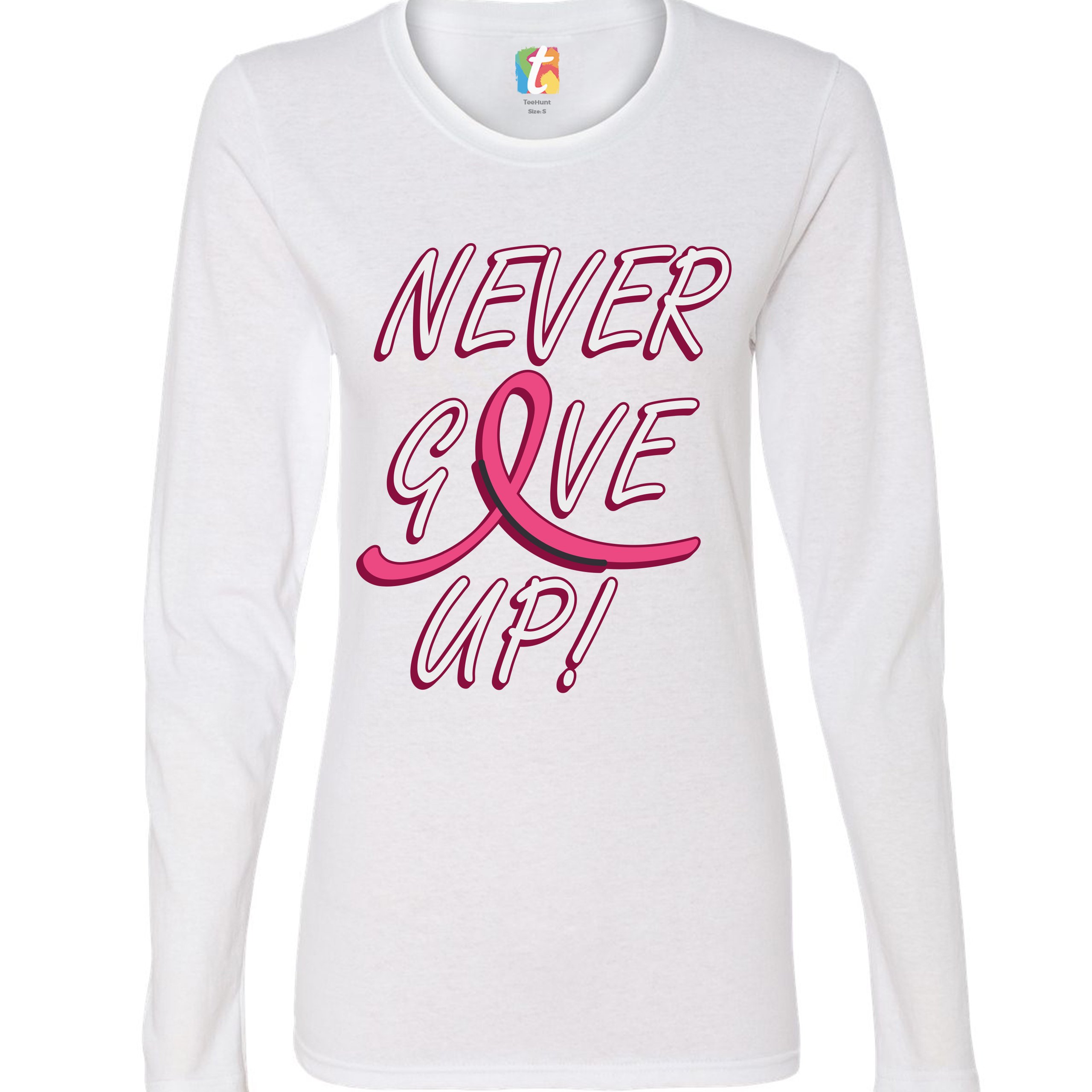 Breast Cancer Awareness Never Give Up Women's Long Sleeve T-shirt Pink Ribbon - Picture 15 of 29