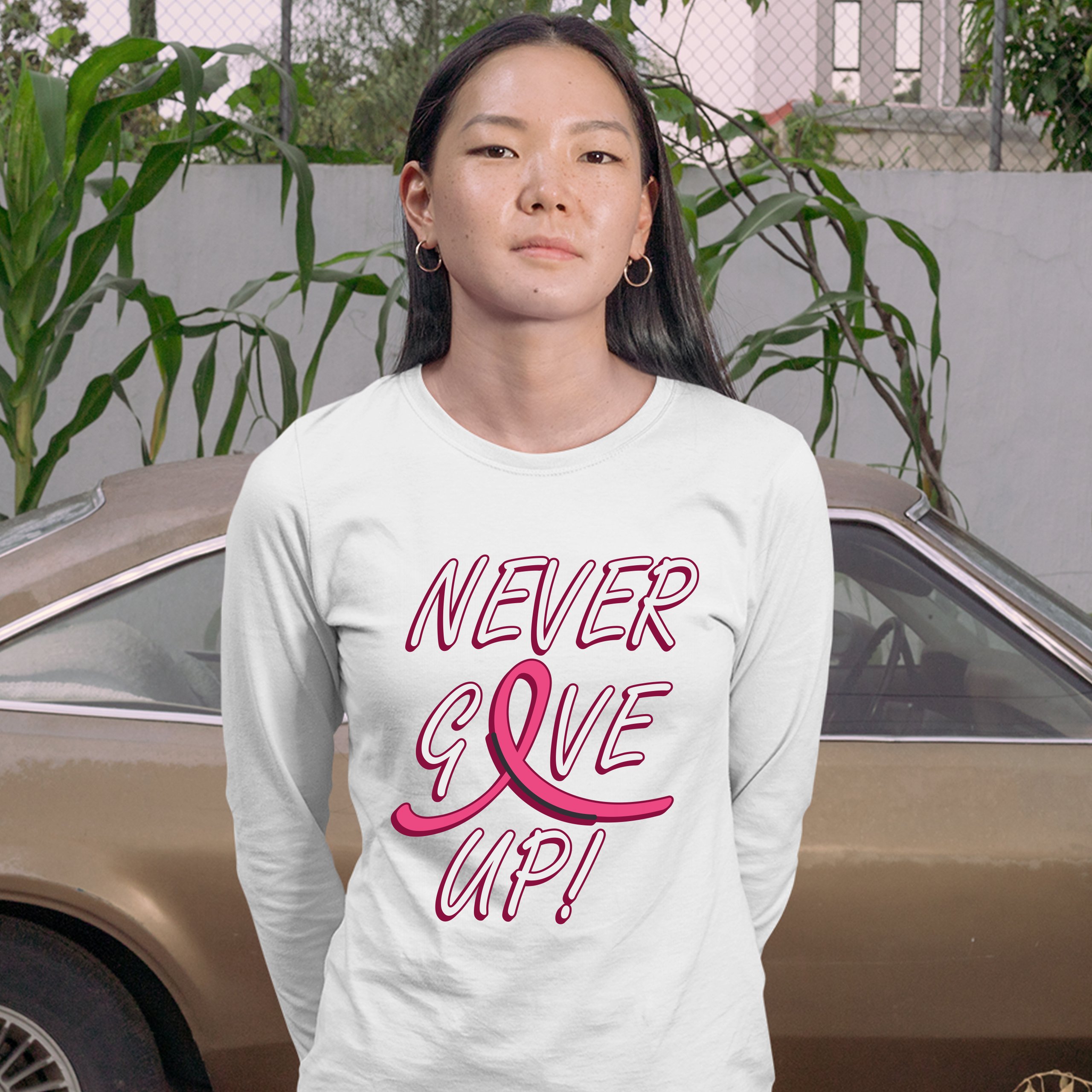 Breast Cancer Awareness Never Give Up Women's Long Sleeve T-shirt Pink Ribbon - Picture 17 of 29