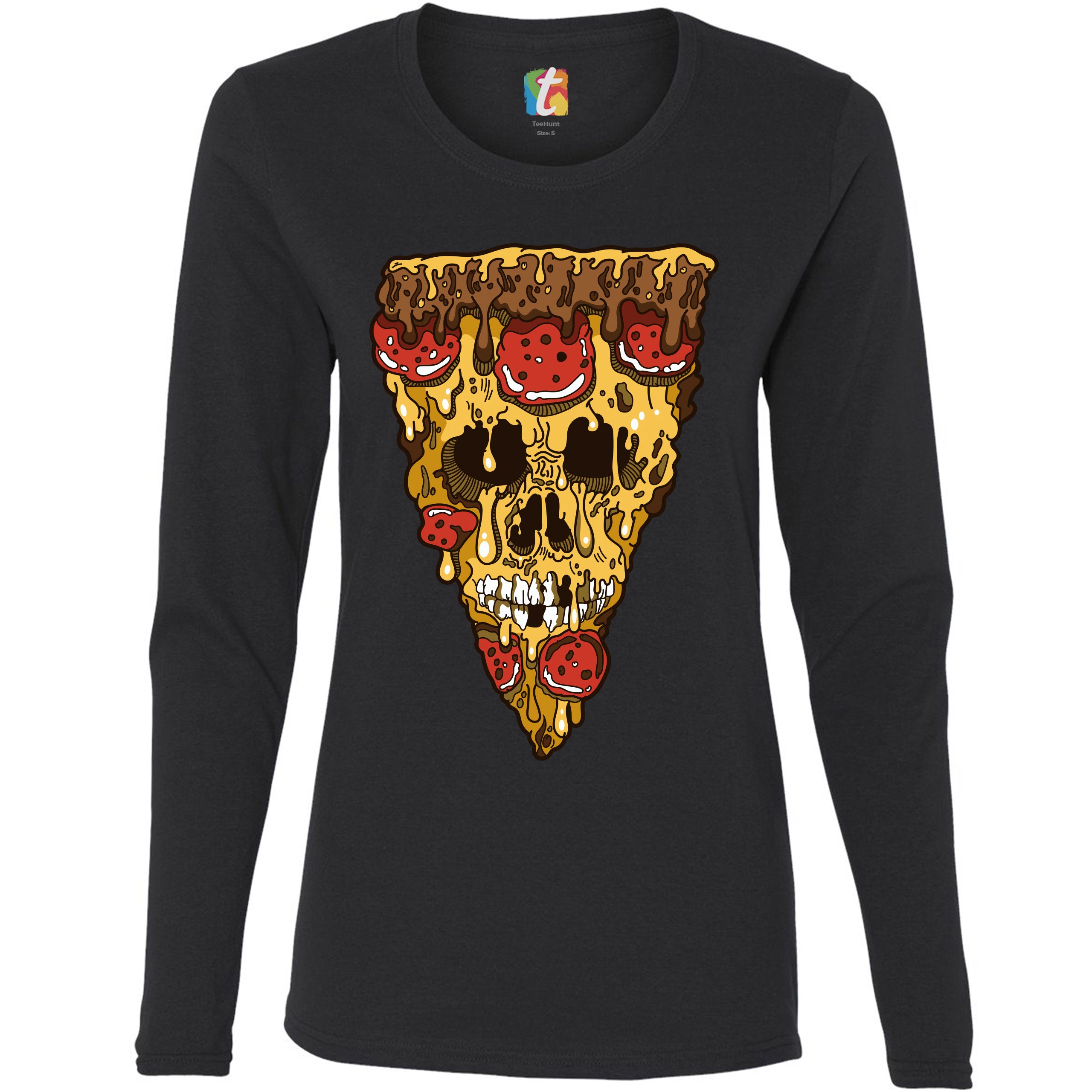 Melting Pizza Zombie Face Women's Long Sleeve T-shirt Horror Halloween Undead