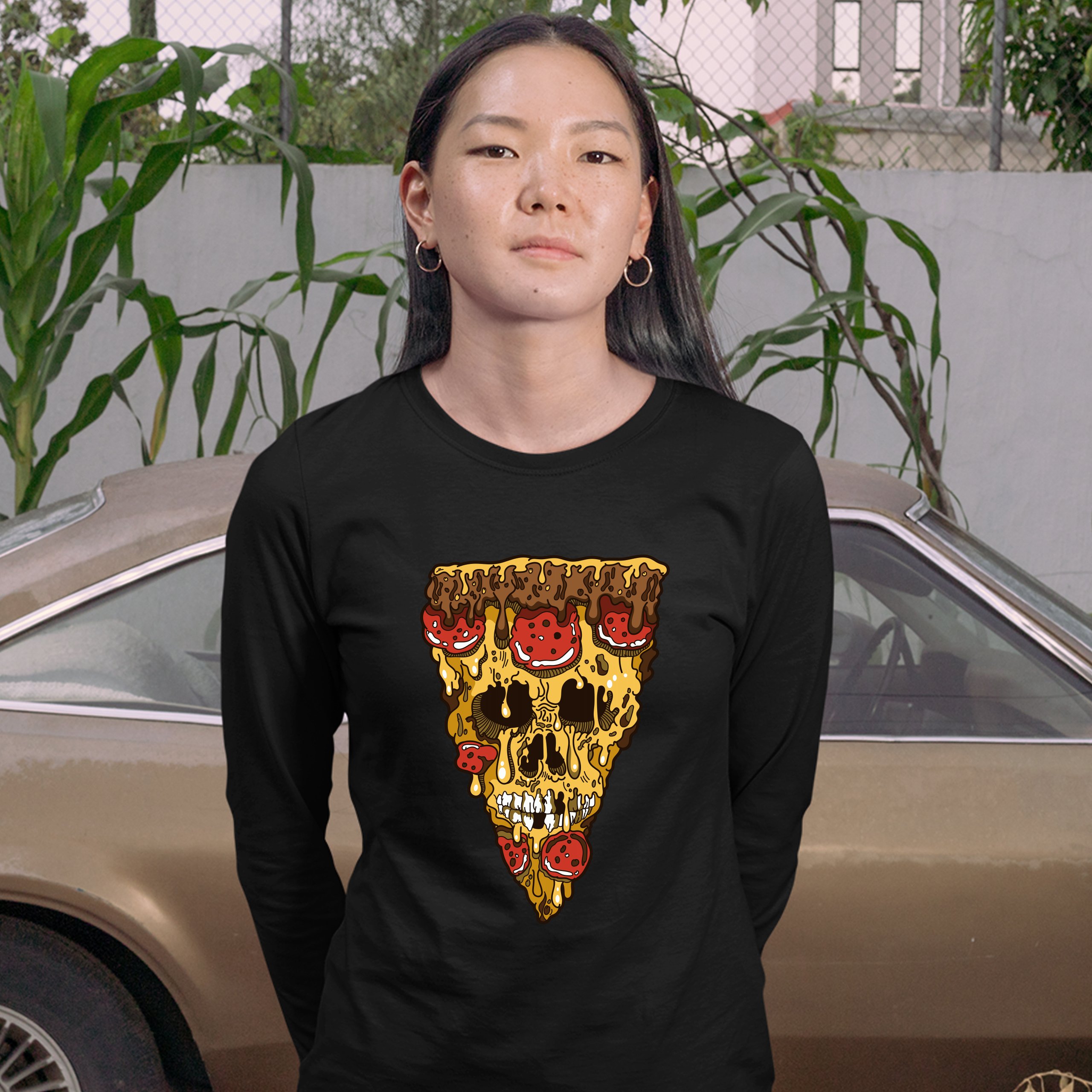 Melting Pizza Zombie Face Women's Long Sleeve T-shirt Horror Halloween Undead