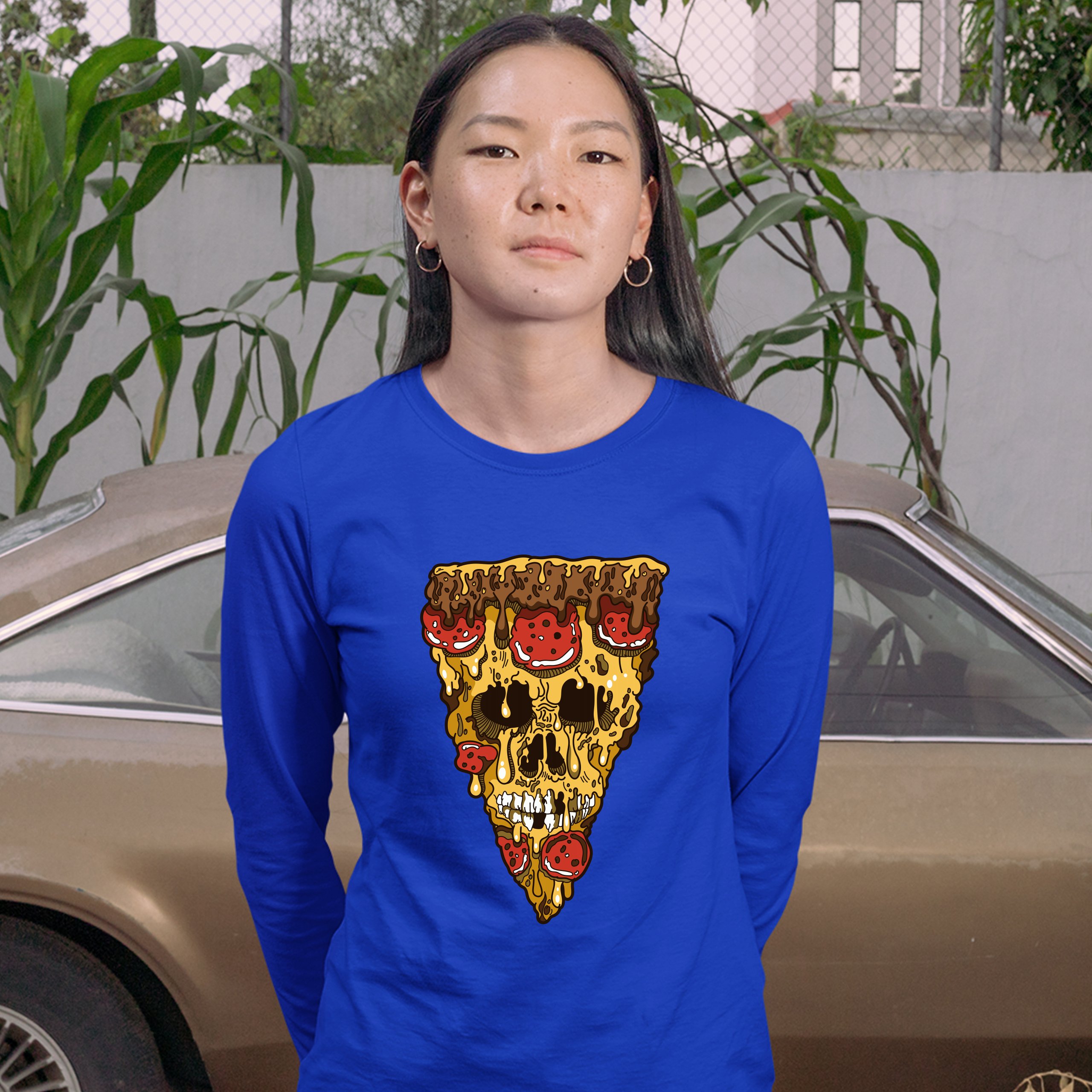 Melting Pizza Zombie Face Women's Long Sleeve T-shirt Horror Halloween Undead