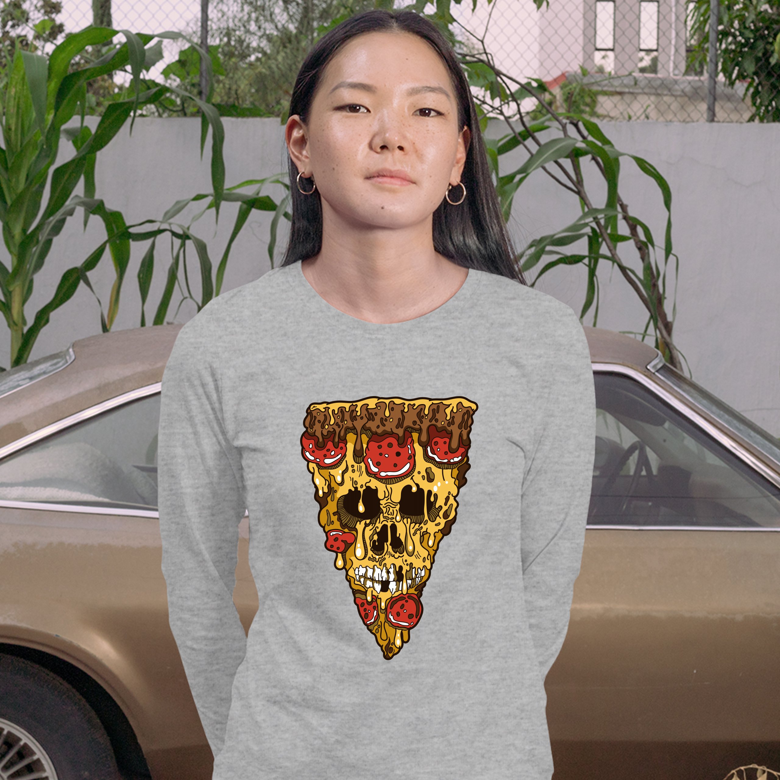 Melting Pizza Zombie Face Women's Long Sleeve T-shirt Horror Halloween Undead