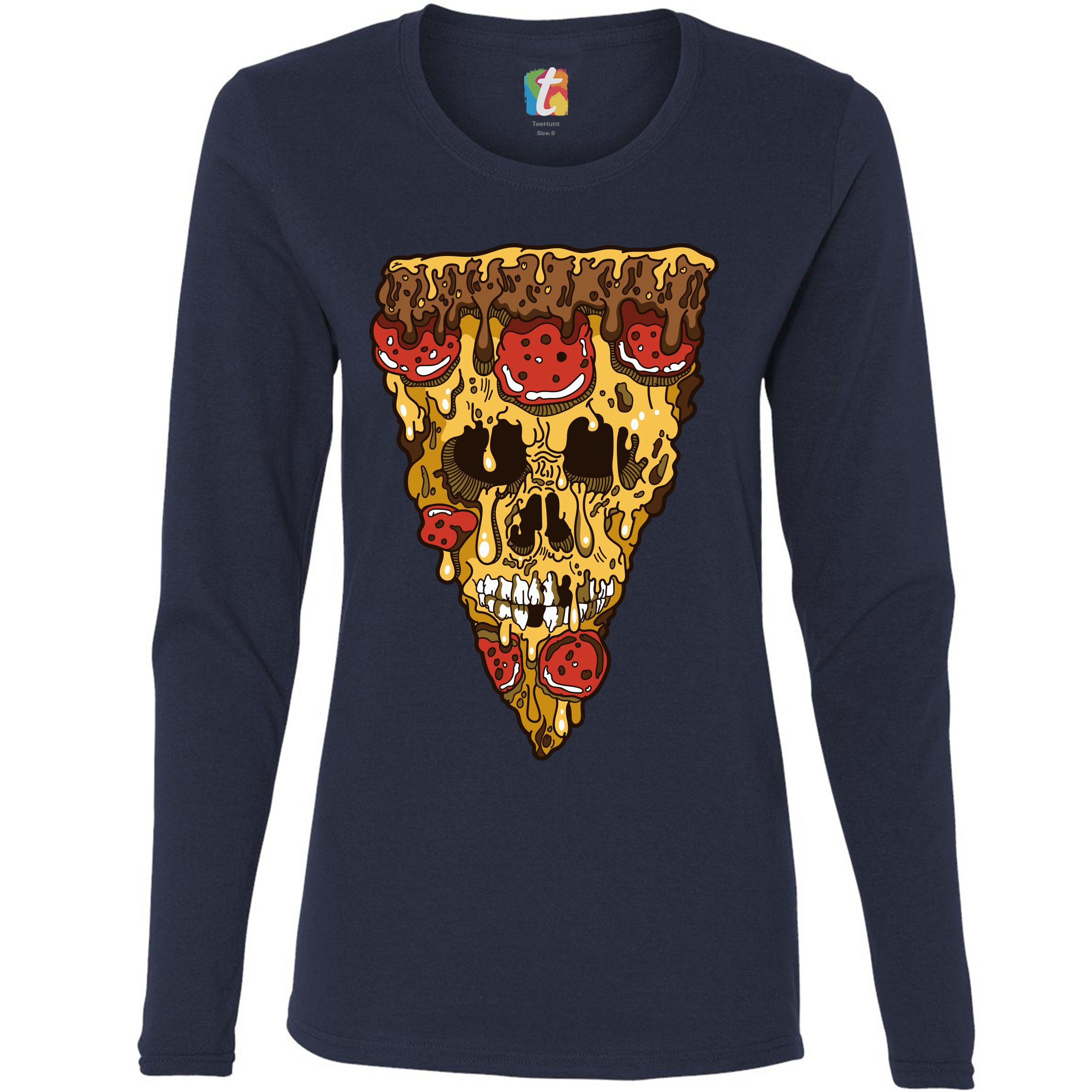 Melting Pizza Zombie Face Women's Long Sleeve T-shirt Horror Halloween Undead