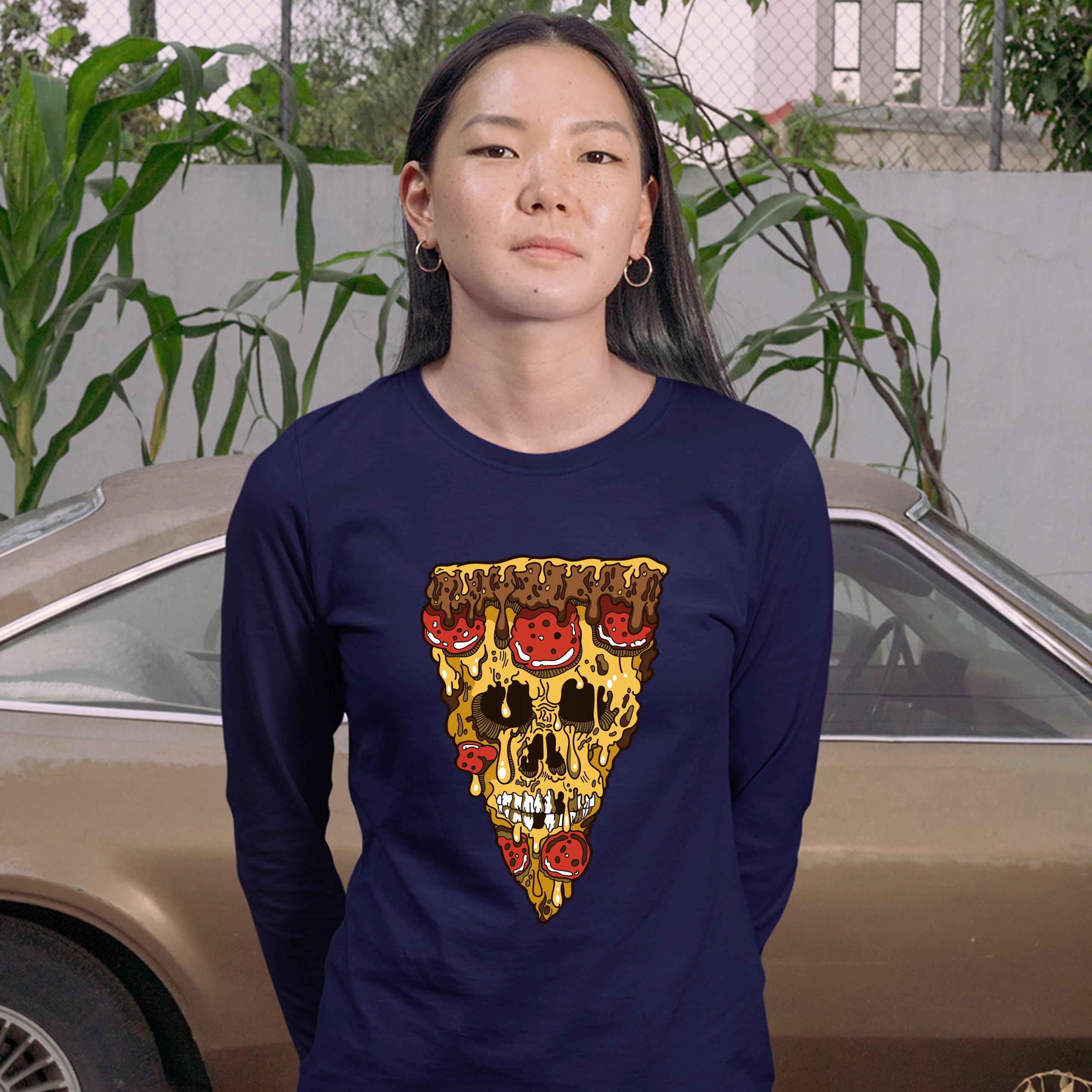 Melting Pizza Zombie Face Women's Long Sleeve T-shirt Horror Halloween Undead