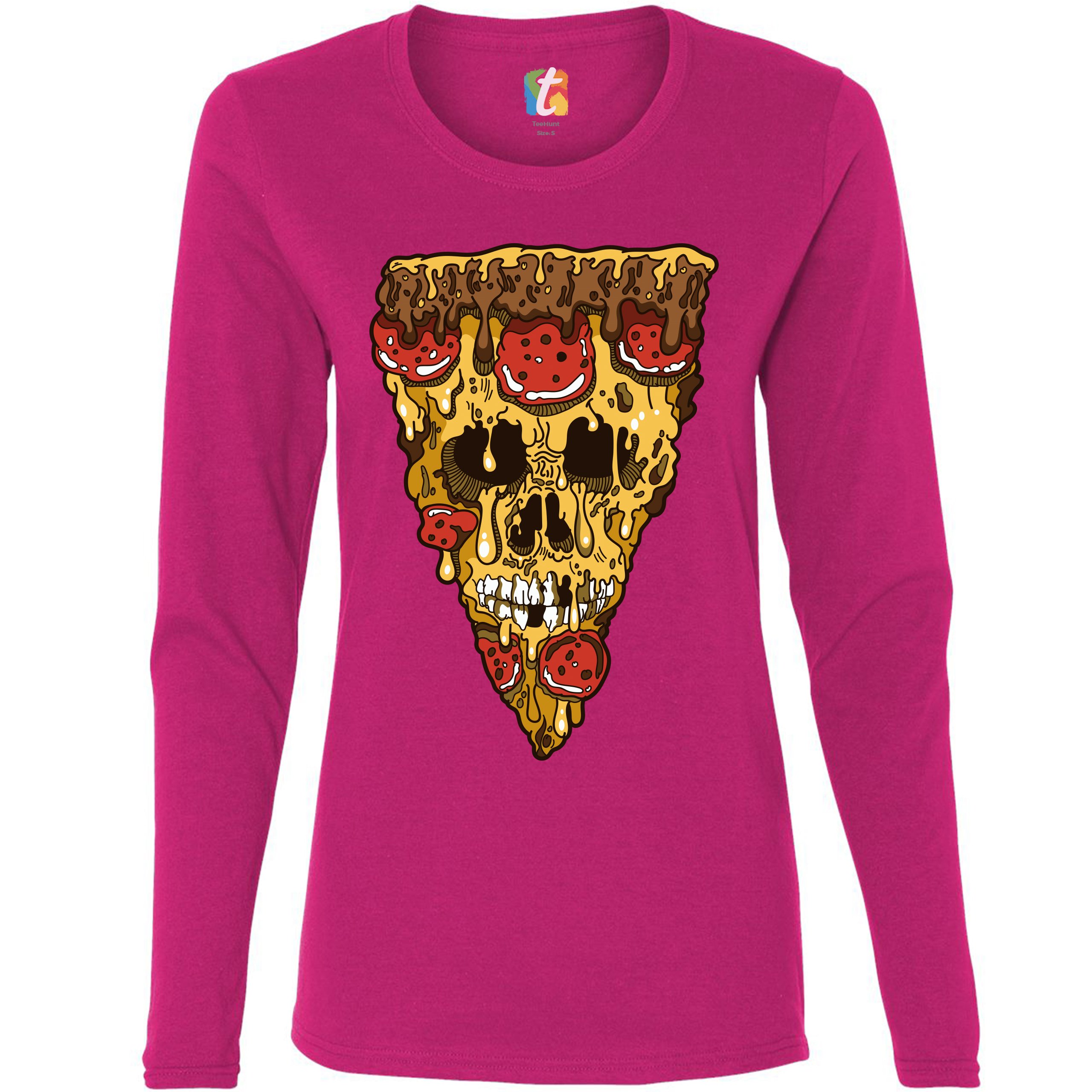 Melting Pizza Zombie Face Women's Long Sleeve T-shirt Horror Halloween Undead