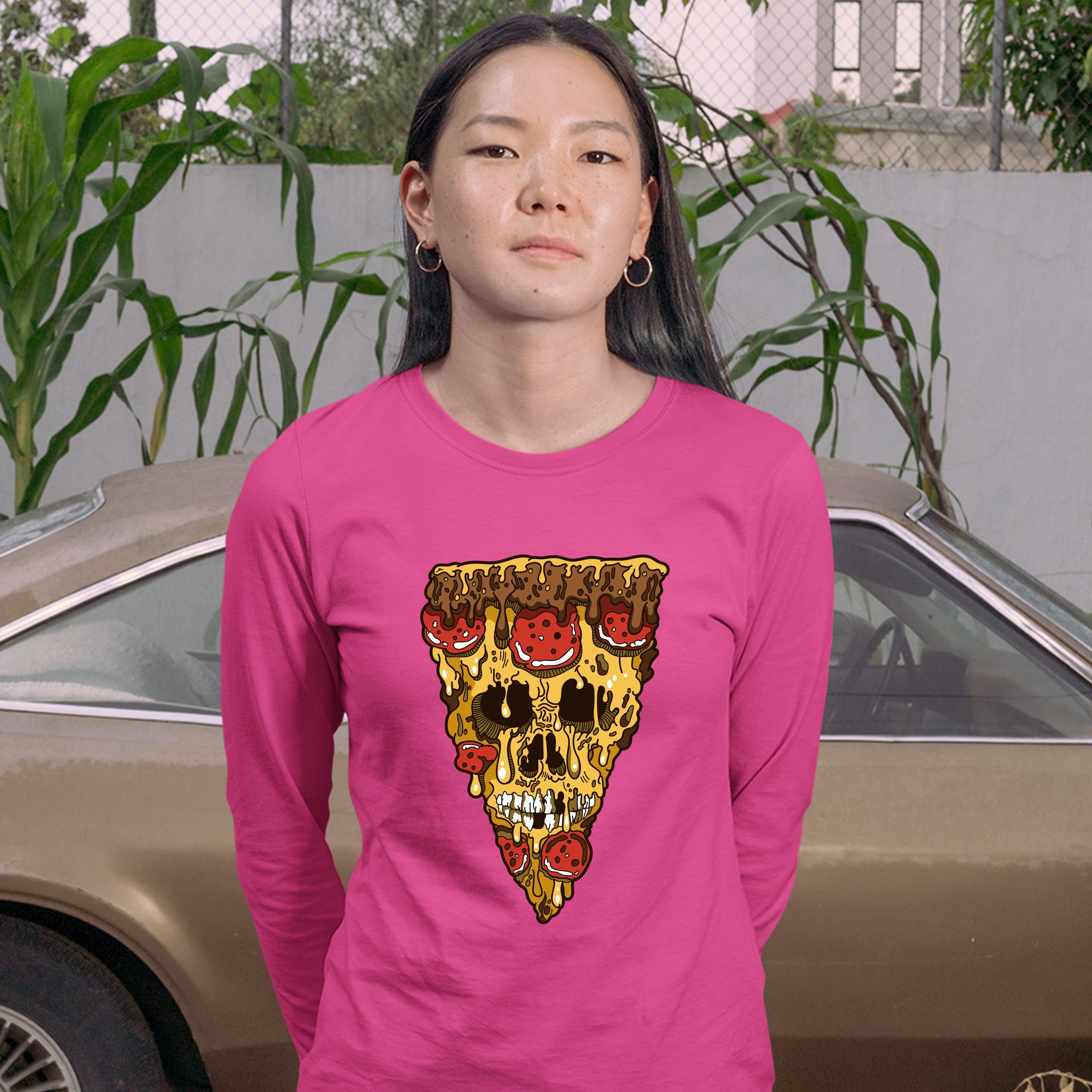 Melting Pizza Zombie Face Women's Long Sleeve T-shirt Horror Halloween Undead