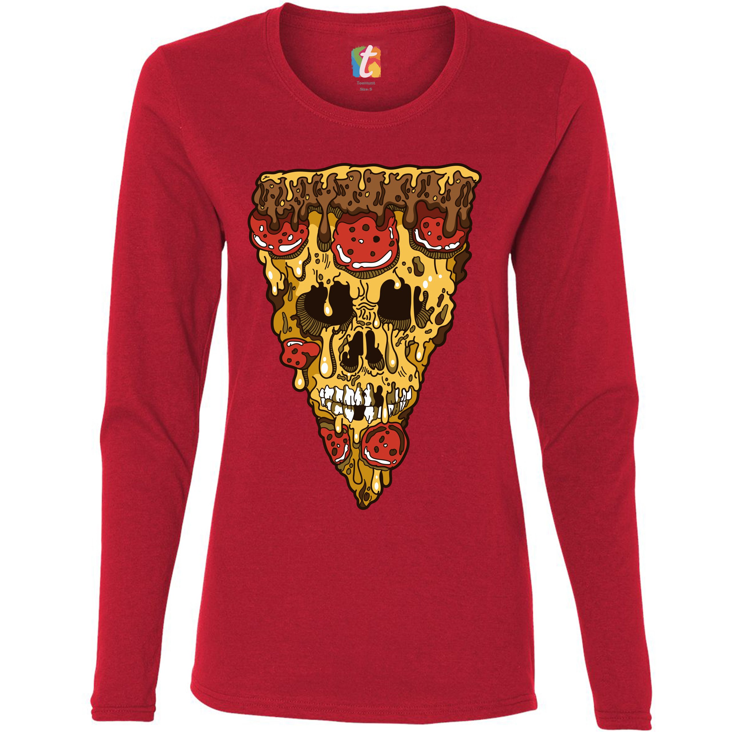 Melting Pizza Zombie Face Women's Long Sleeve T-shirt Horror Halloween Undead