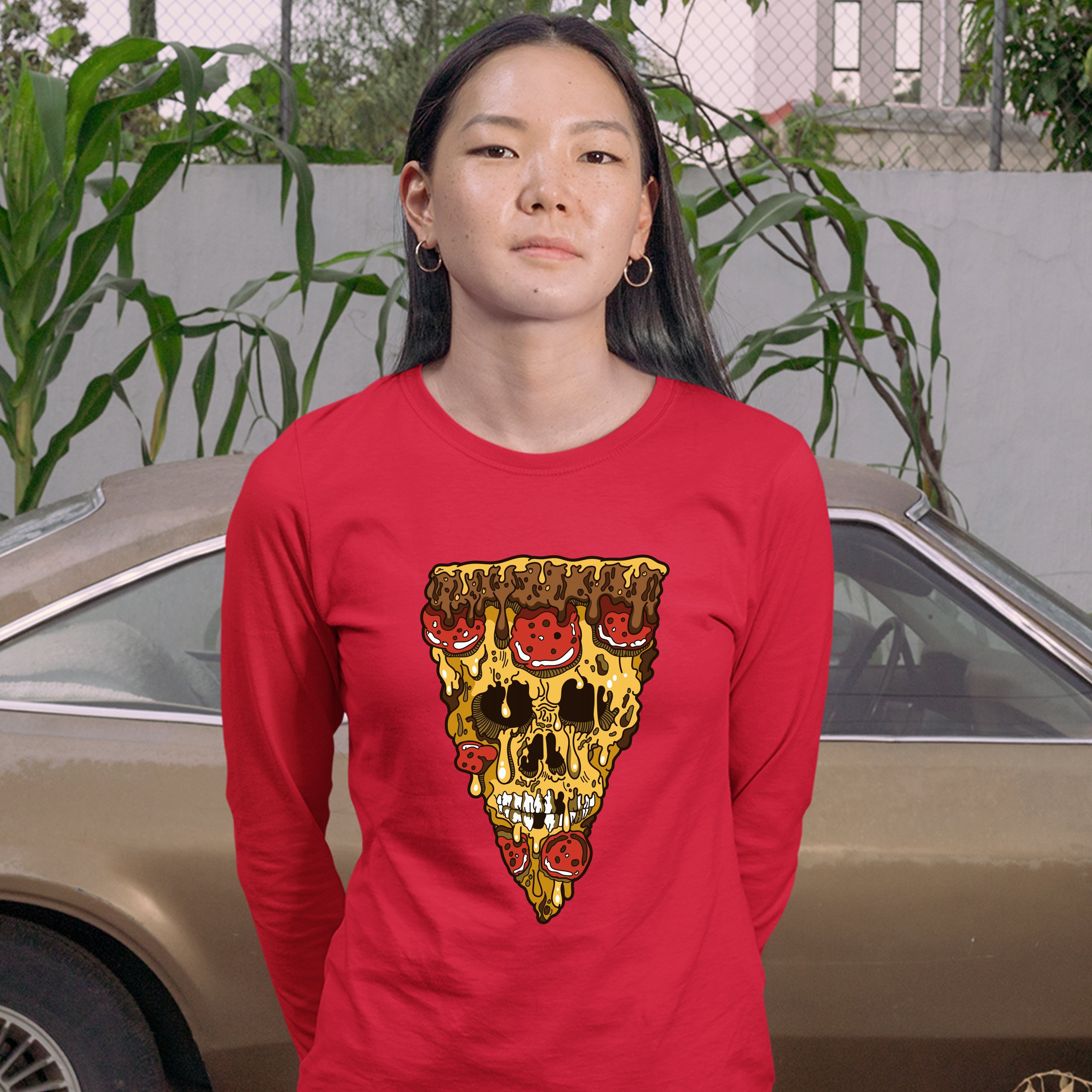 Melting Pizza Zombie Face Women's Long Sleeve T-shirt Horror Halloween Undead