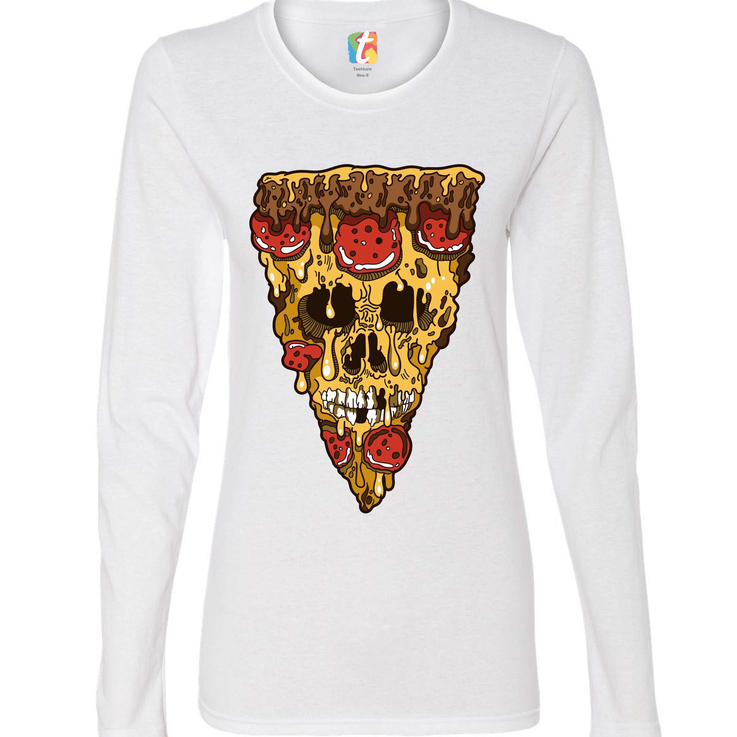 Melting Pizza Zombie Face Women's Long Sleeve T-shirt Horror Halloween Undead