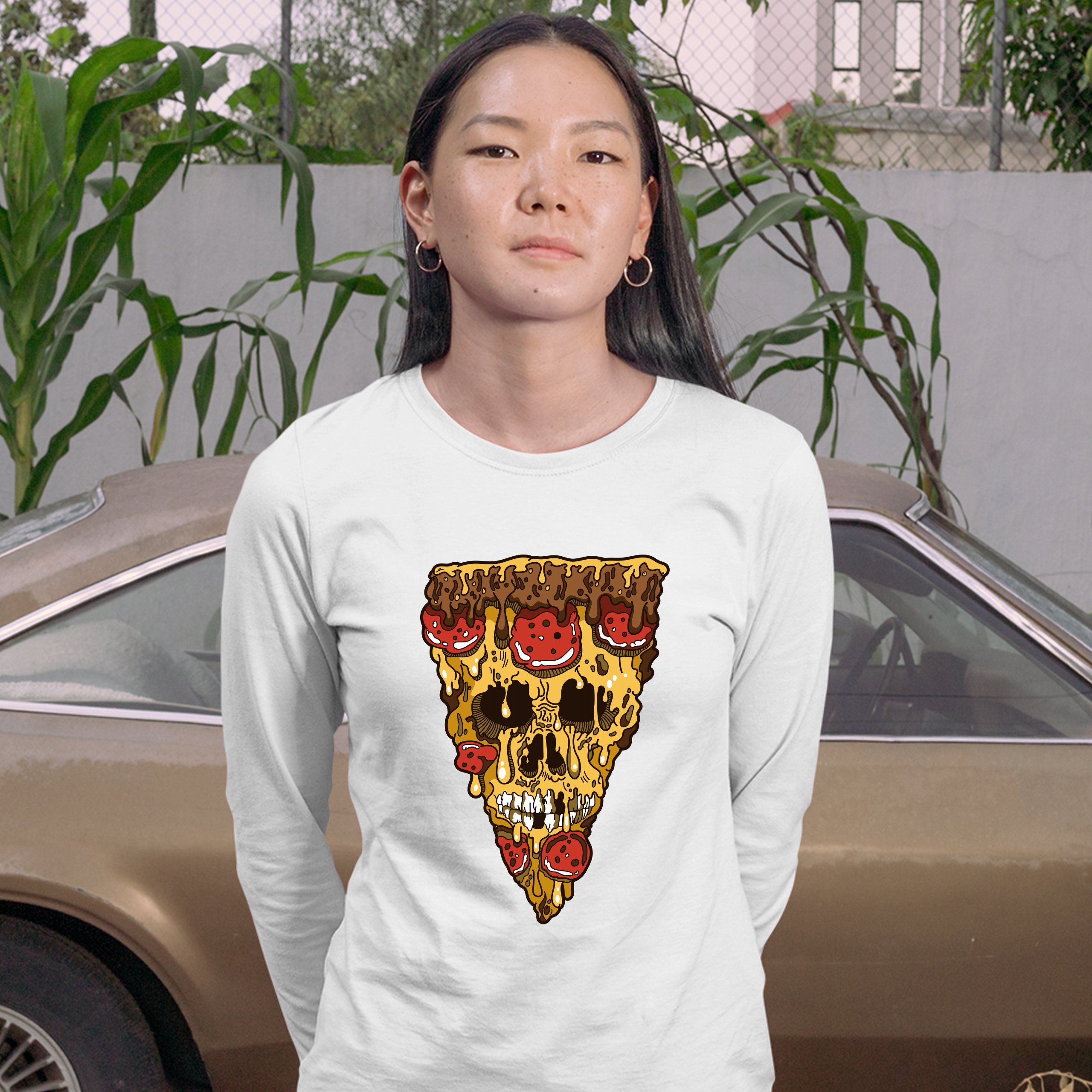 Melting Pizza Zombie Face Women's Long Sleeve T-shirt Horror Halloween Undead