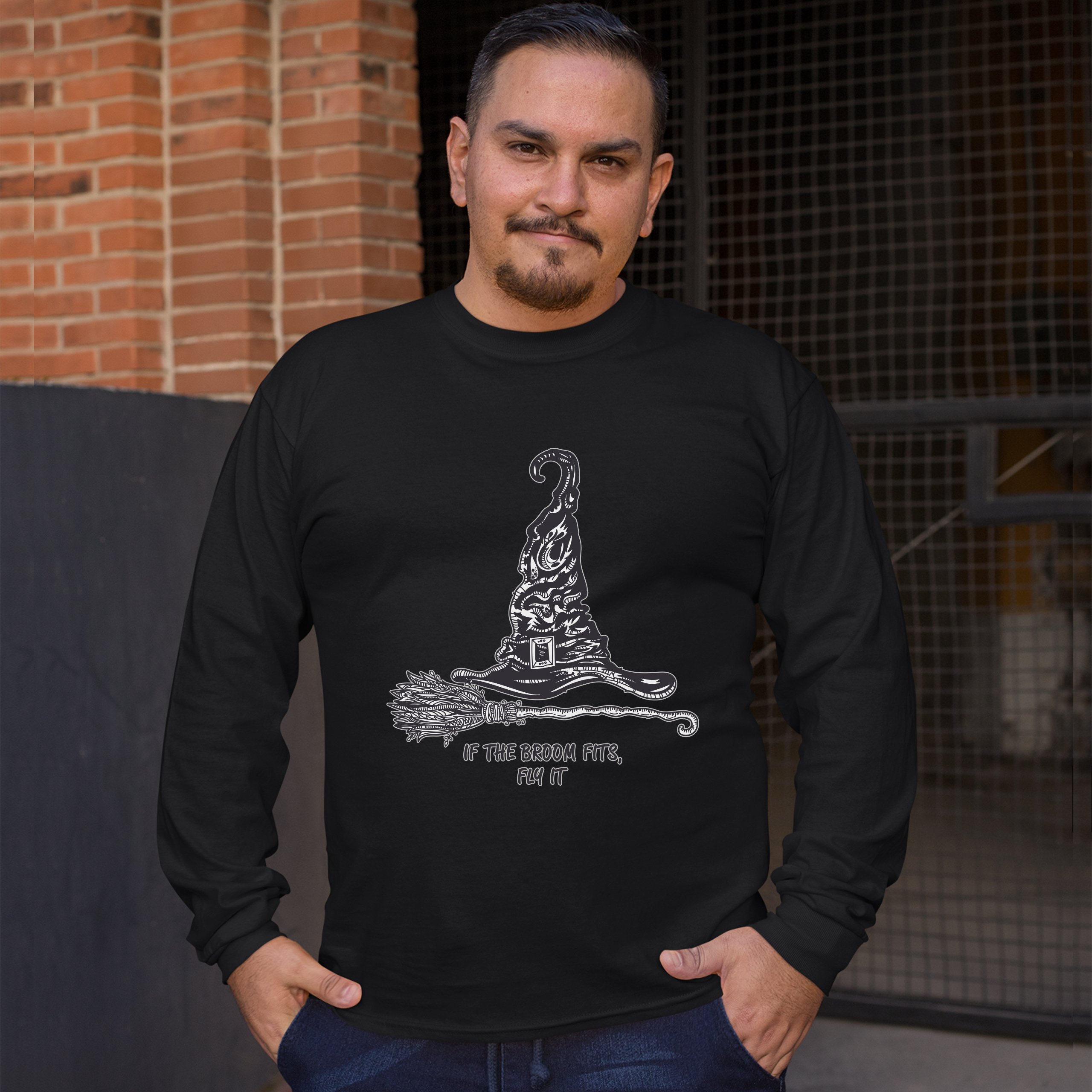 If the Broom Fits, Fly It Long Sleeve T-shirt Funny Witch Hat Halloween - Picture 5 of 45