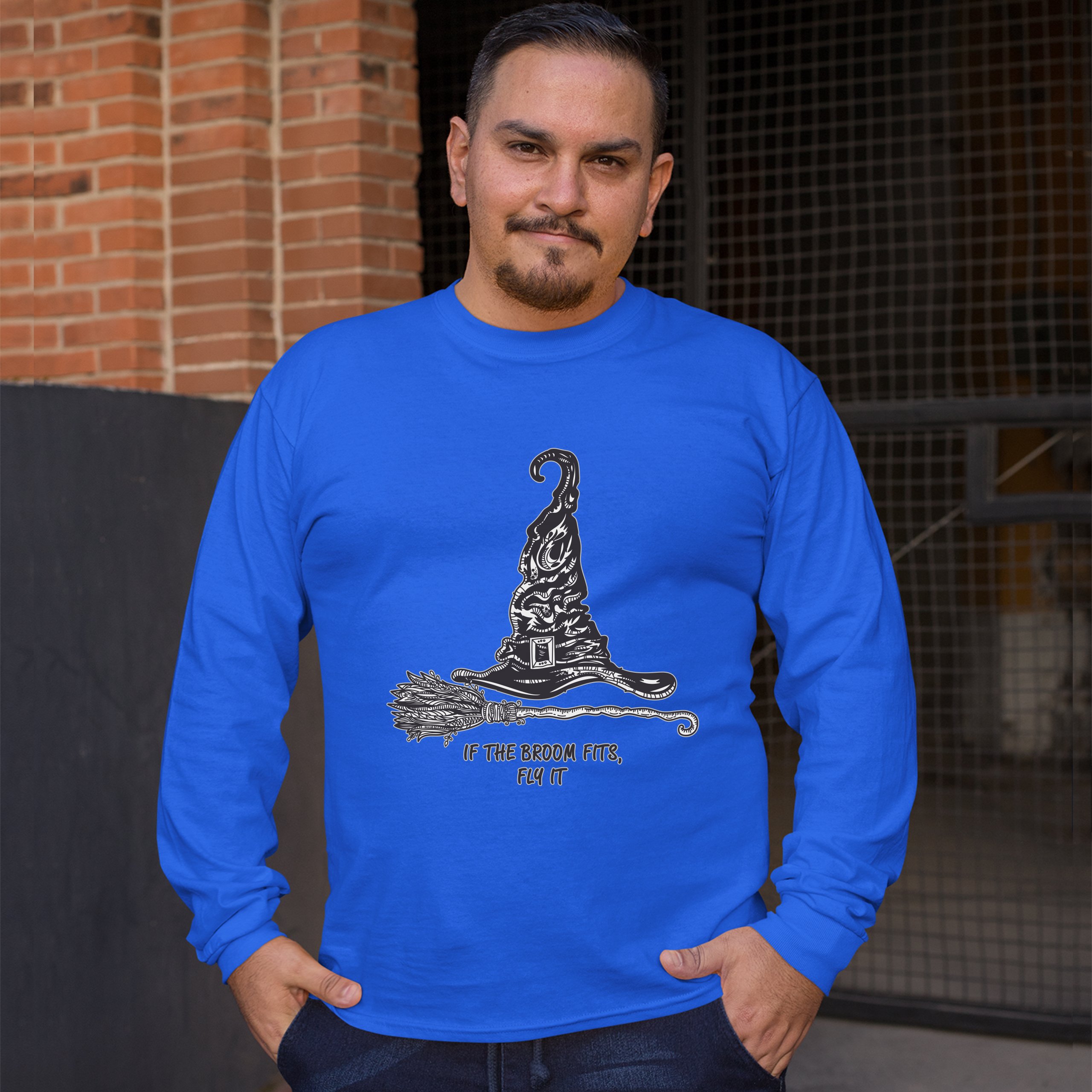 If the Broom Fits, Fly It Long Sleeve T-shirt Funny Witch Hat Halloween - Picture 37 of 45