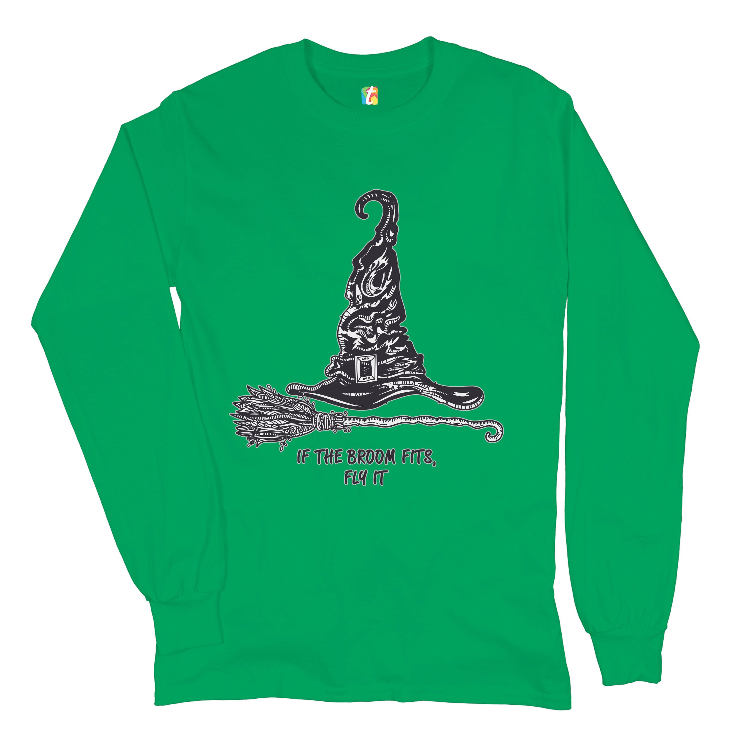 If the Broom Fits, Fly It Long Sleeve T-shirt Funny Witch Hat Halloween - Picture 26 of 45