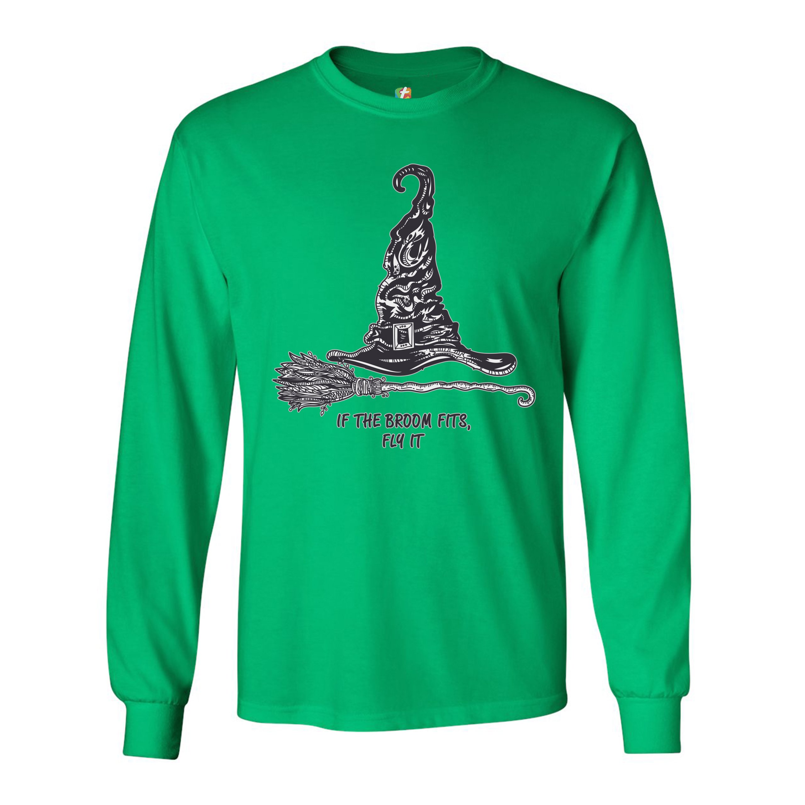 If the Broom Fits, Fly It Long Sleeve T-shirt Funny Witch Hat Halloween - Picture 27 of 45