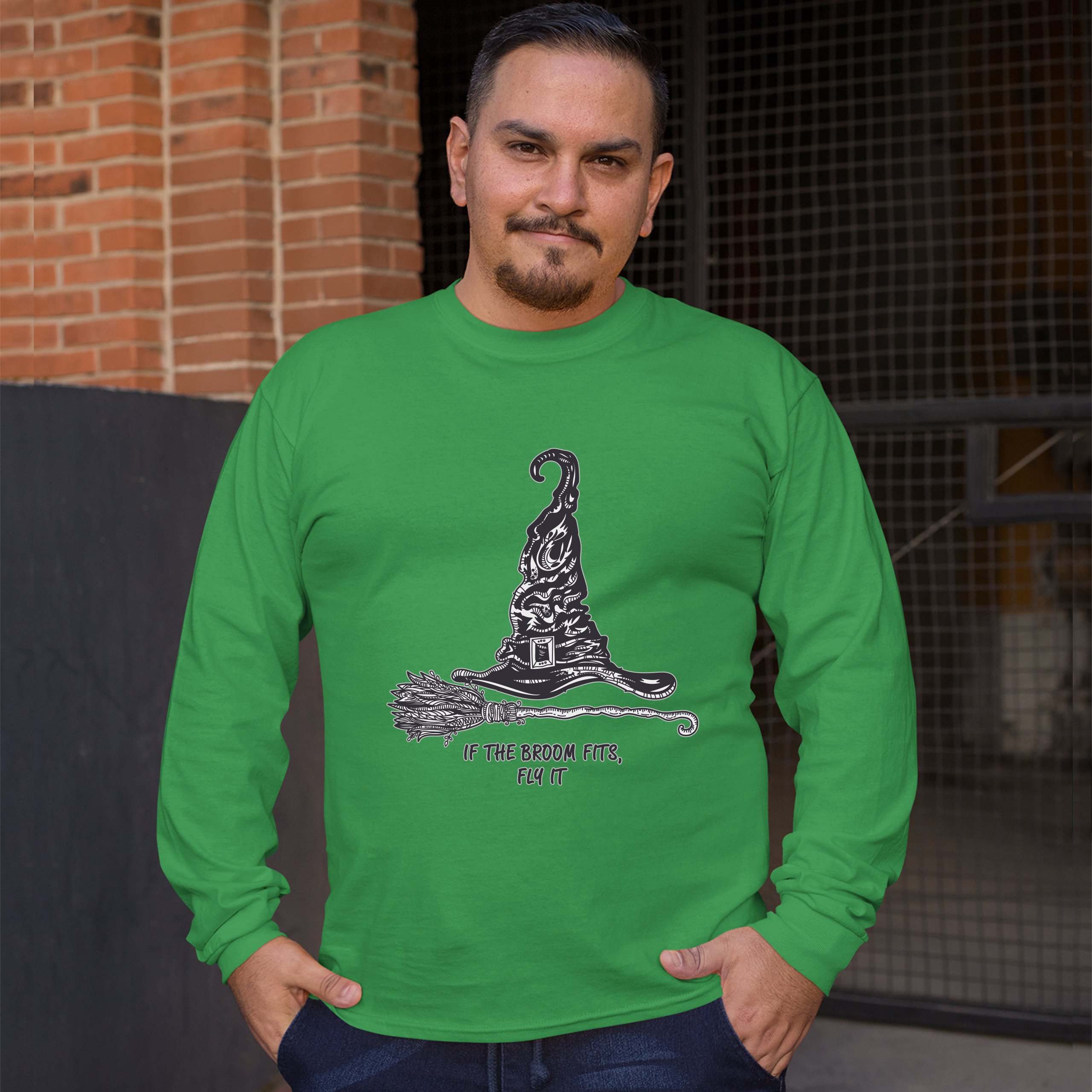 If the Broom Fits, Fly It Long Sleeve T-shirt Funny Witch Hat Halloween - Picture 29 of 45