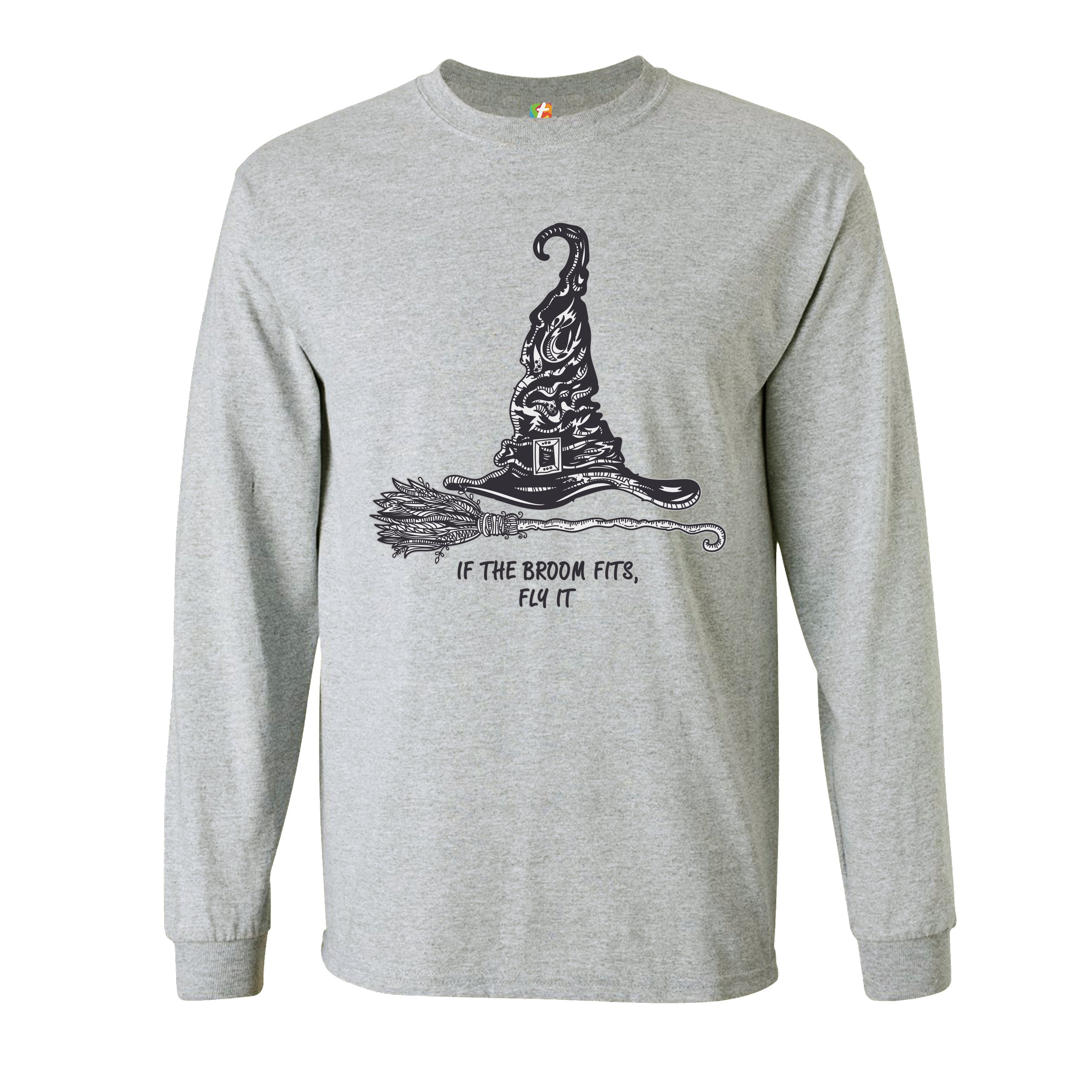 If the Broom Fits, Fly It Long Sleeve T-shirt Funny Witch Hat Halloween - Picture 7 of 45