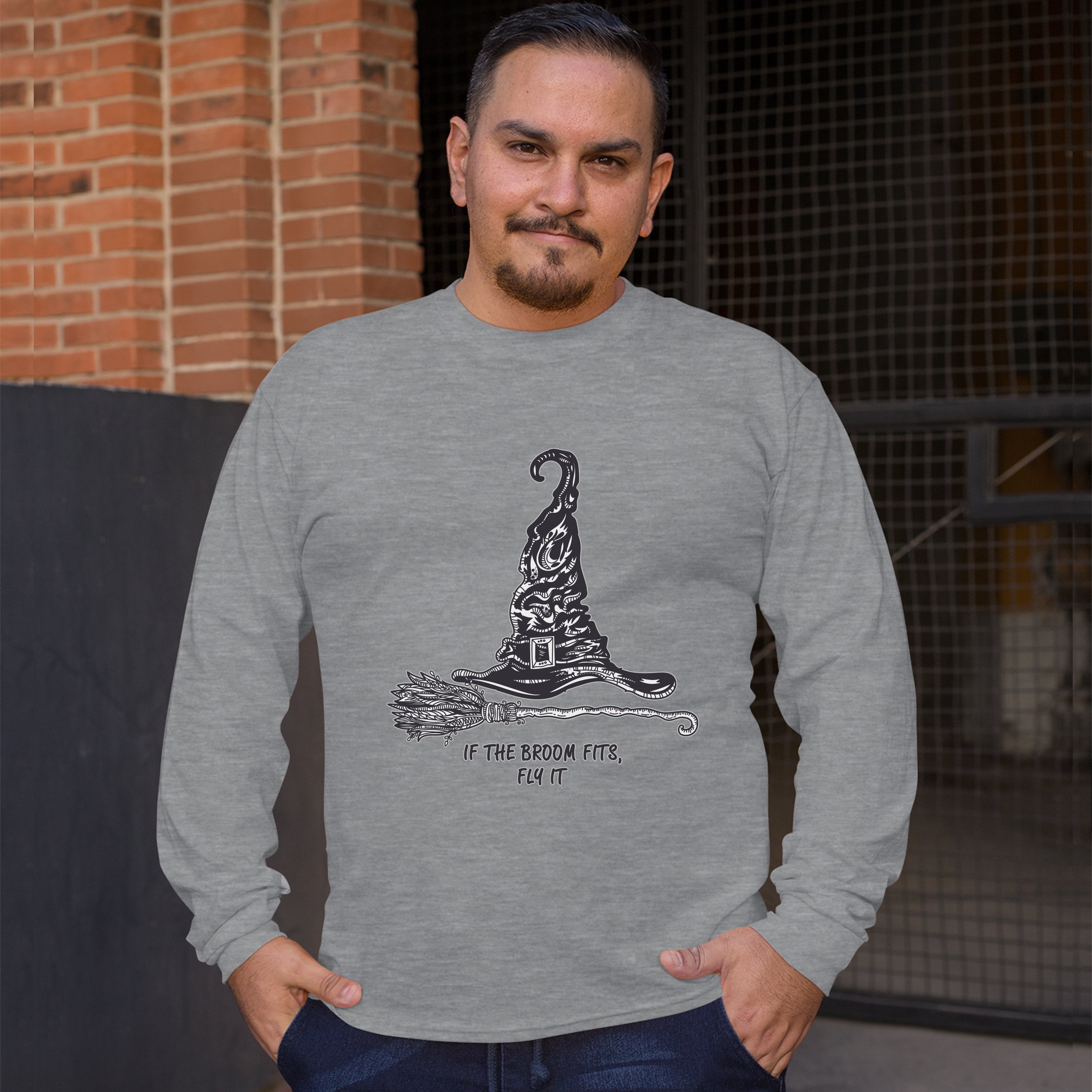 If the Broom Fits, Fly It Long Sleeve T-shirt Funny Witch Hat Halloween - Picture 9 of 45