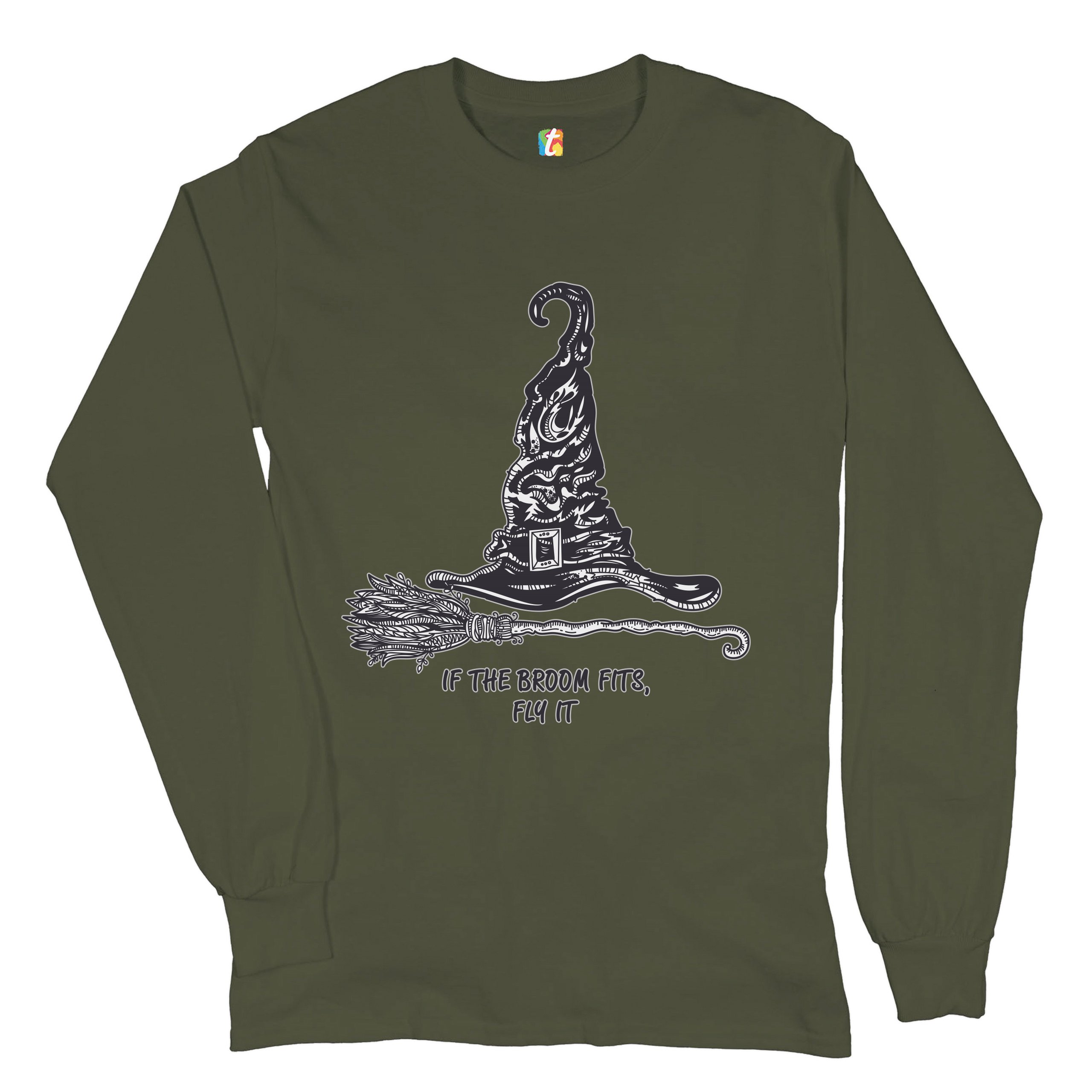 If the Broom Fits, Fly It Long Sleeve T-shirt Funny Witch Hat Halloween - Picture 30 of 45