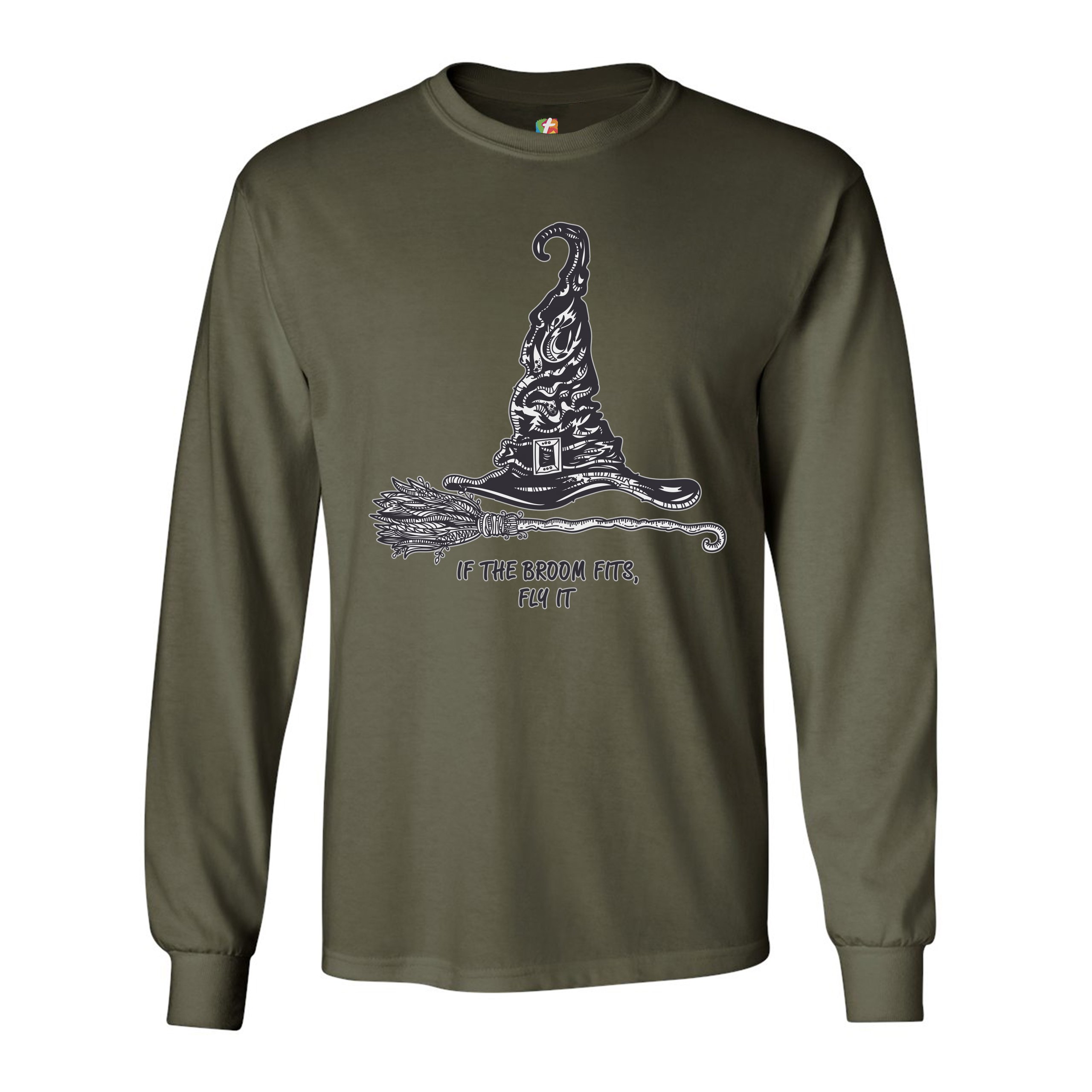 If the Broom Fits, Fly It Long Sleeve T-shirt Funny Witch Hat Halloween - Picture 31 of 45